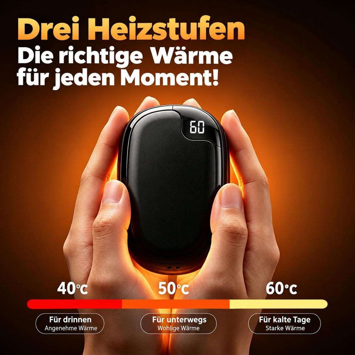 Hände halten einen schwarzen Handwärmer mit Digitalanzeige und drei Heizstufen.