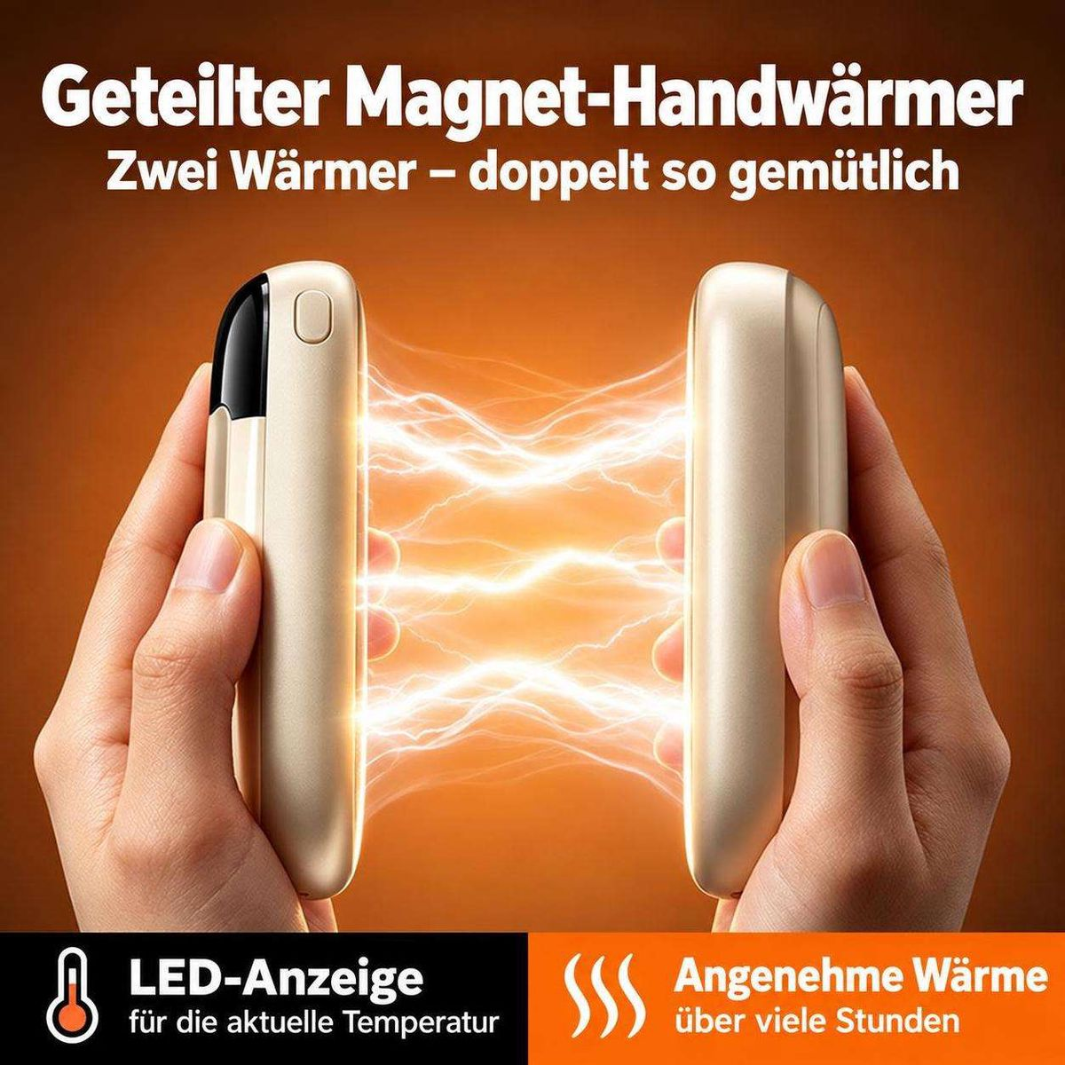 Zwei goldene Handwärmer mit elektrischen Wärmestrahlen in Händen gehalten.