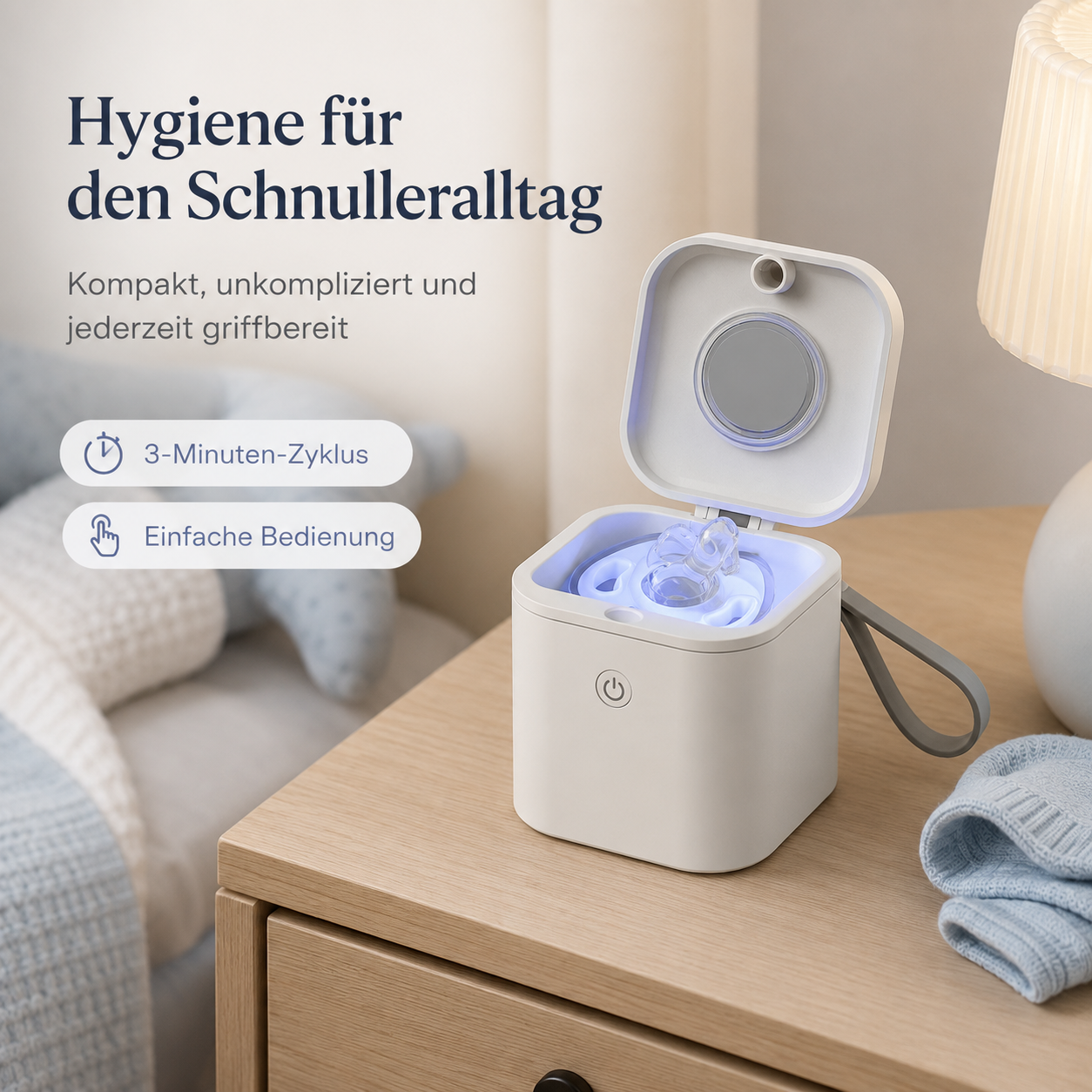 Weißes UV-Sterilisationsgerät für Schnuller auf Holztisch mit Text.