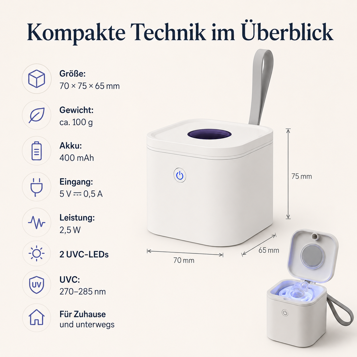 Technische Daten und Maße eines kompakten weißen UVC-Geräts mit Trageschlaufe.