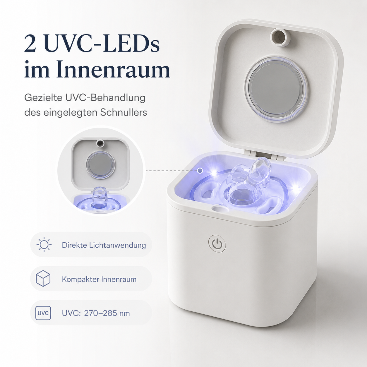 Weißes UVC-Sterilisationsgerät für Schnuller mit offener Klappe und blauer Beleuchtung.
