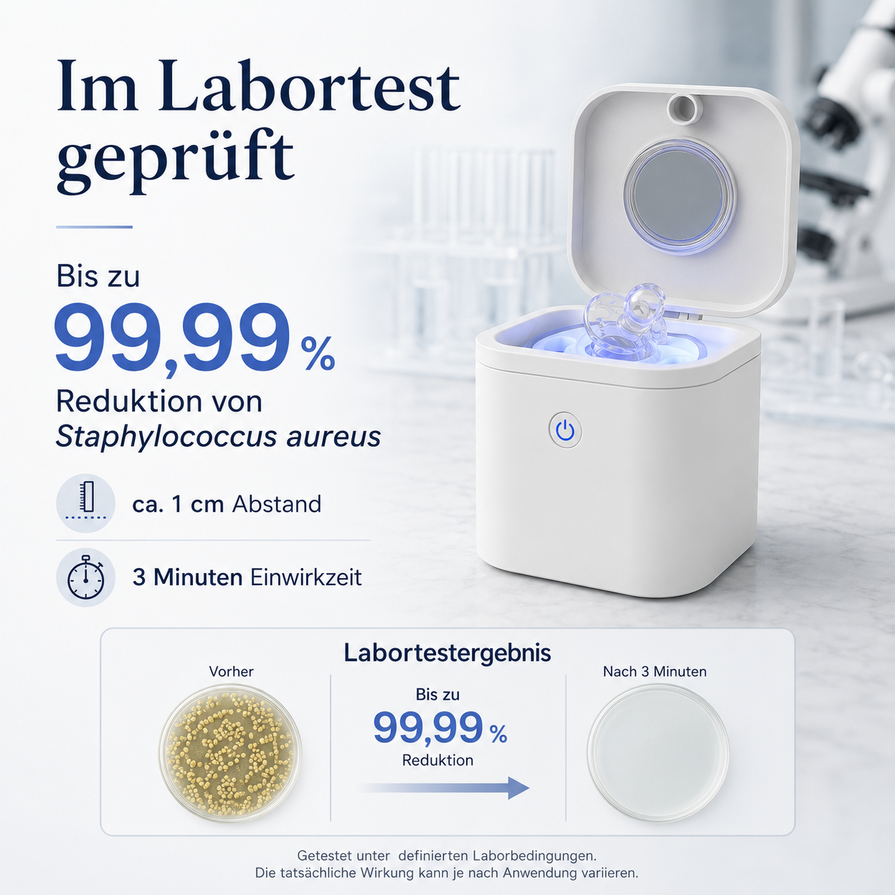 Ein weißes UV-C Sterilisationsgerät für Schnuller auf einem Tisch mit Labortestergebnissen.