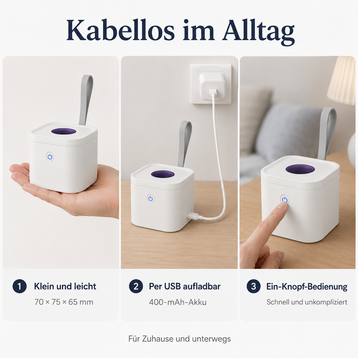 Drei Produktbilder zeigen ein kleines, weißes Gerät mit Griff, USB-Aufladung und Ein-Knopf-Bedienung.