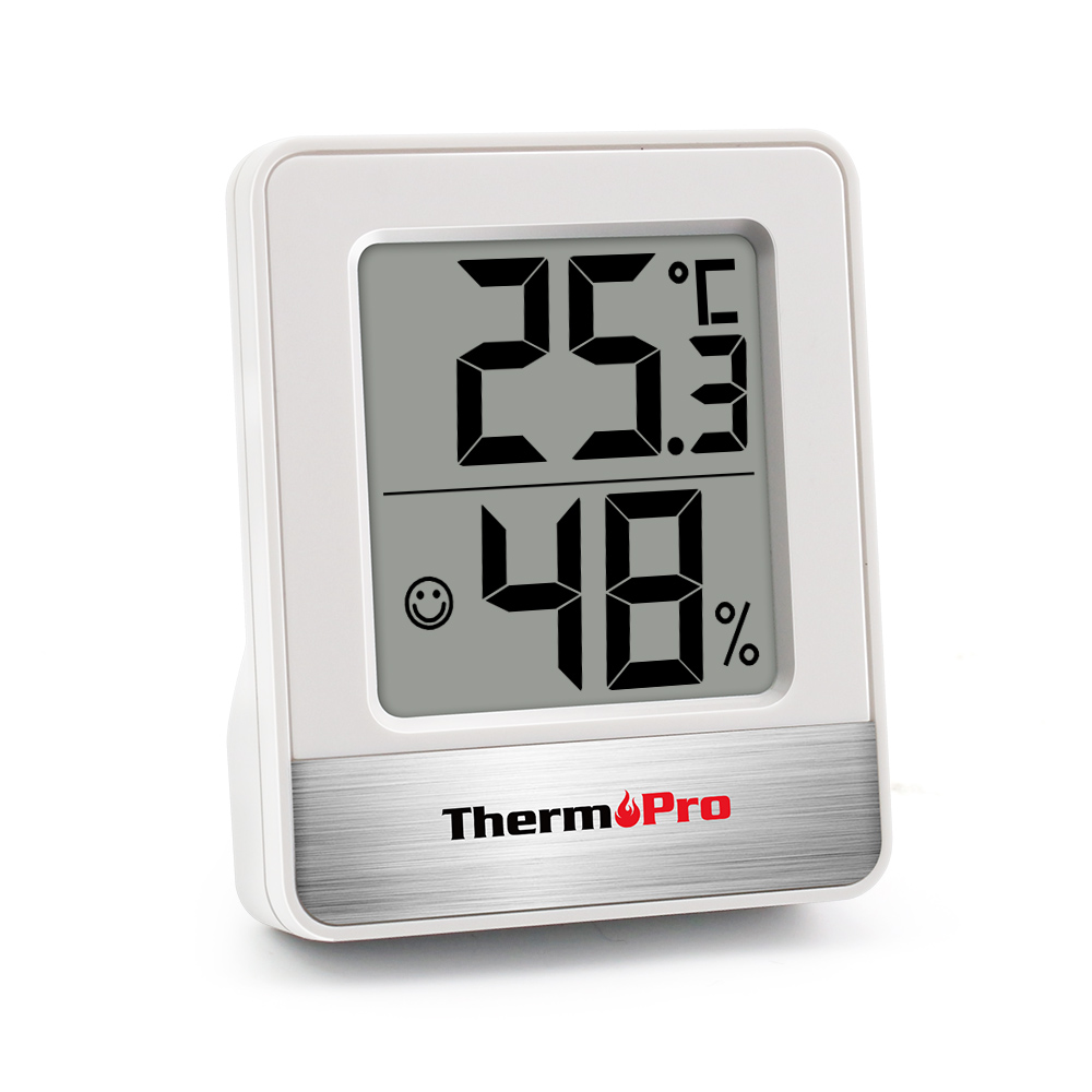 Ein weißes ThermPro Thermometer und Hygrometer mit digitaler Anzeige, die 25,3 °C und 48% Luftfeuchtigkeit zeigt.
