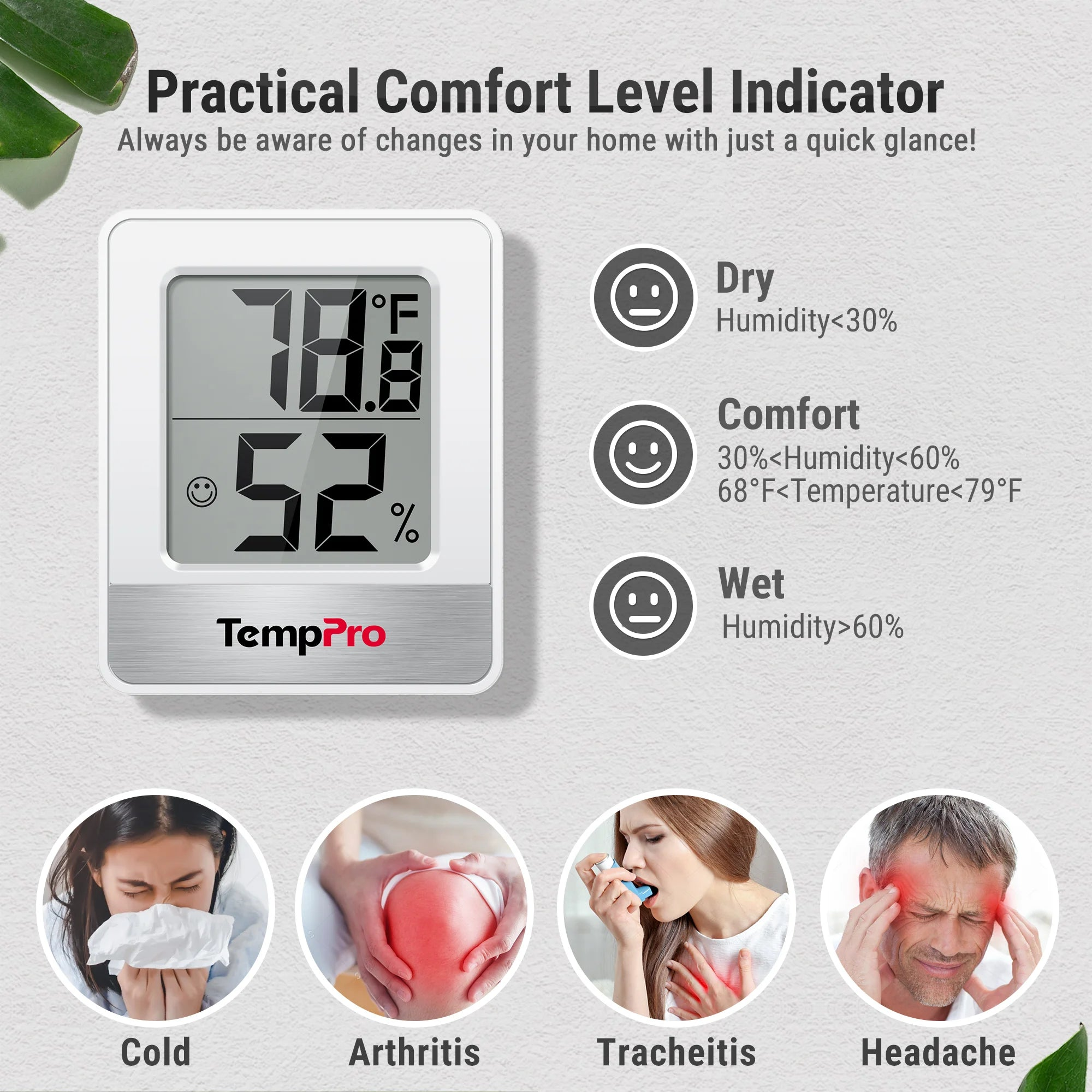 Ein TempPro-Ther Hygrometer zeigt Temperatur und Feuchtigkeit, mit Komfortindikatoren und Gesundheitssymbolen.