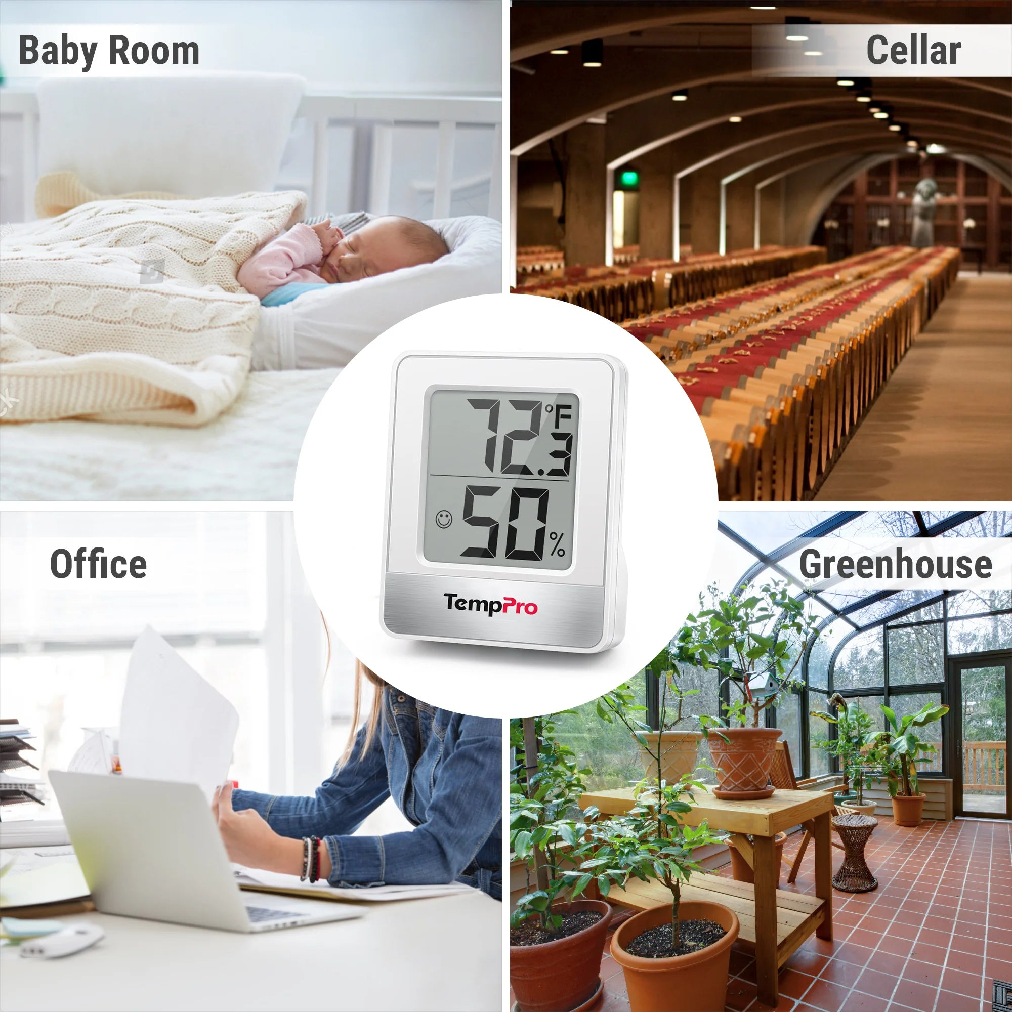 Ein TempPro Hygrometer im Zentrum, umgeben von vier Szenen: Babyzimmer, Weinkeller, Büro und Gewächshaus.