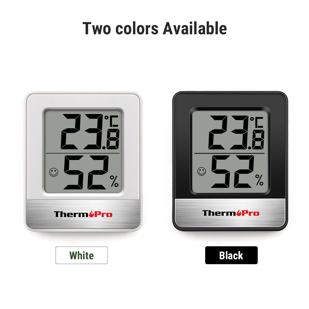 Zwei ThermoPro Digital-Hygrometer in Weiß und Schwarz mit LCD-Bildschirm.