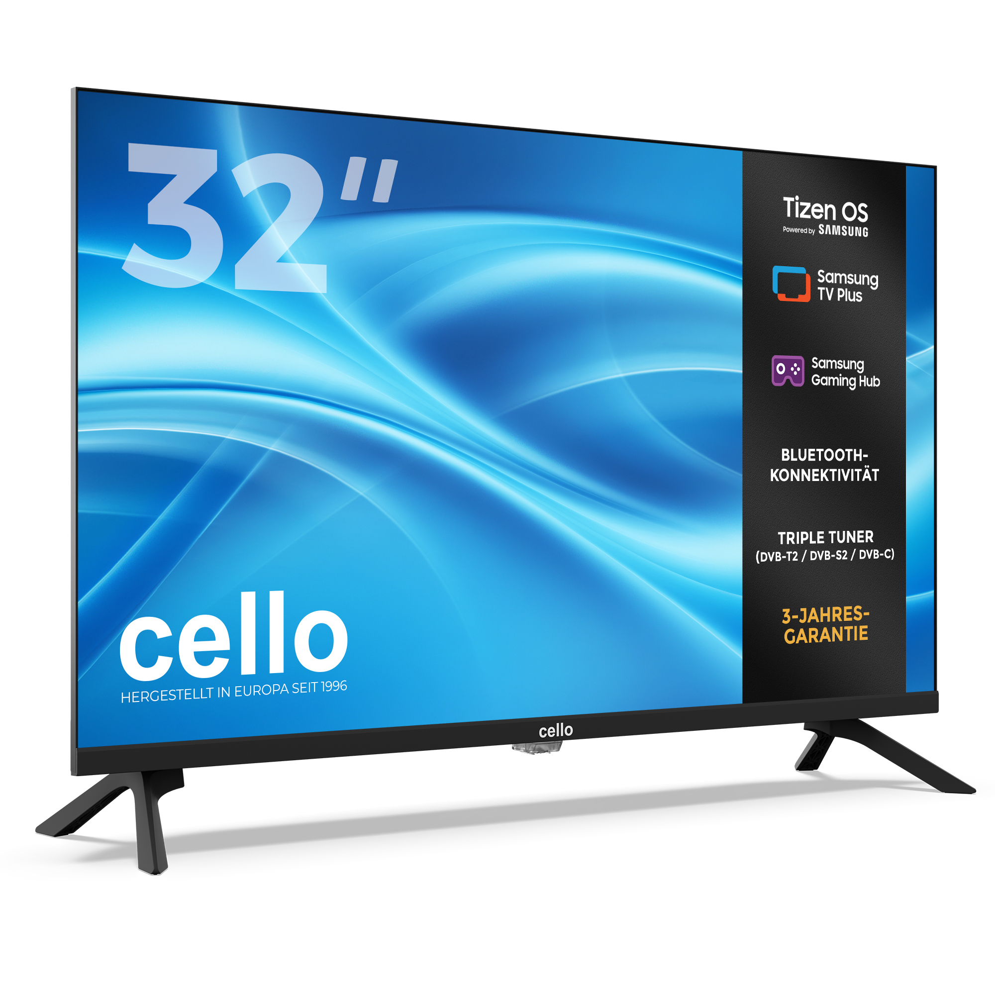 Ein Cello 32-Zoll-Fernseher mit blauem Bildschirm und weißen Texten, Tizen OS und schwarzen Standbeinen auf weißem Grund.