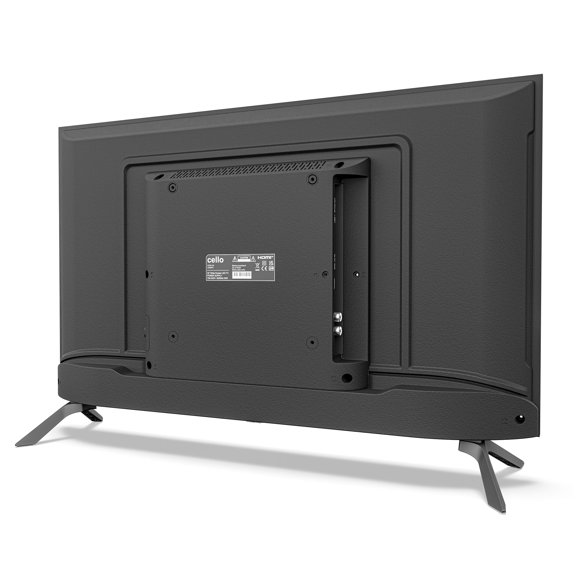 Rückansicht eines schwarzen Cello-Fernsehers auf Standfüßen mit sichtbaren Anschlüssen und Etikett.