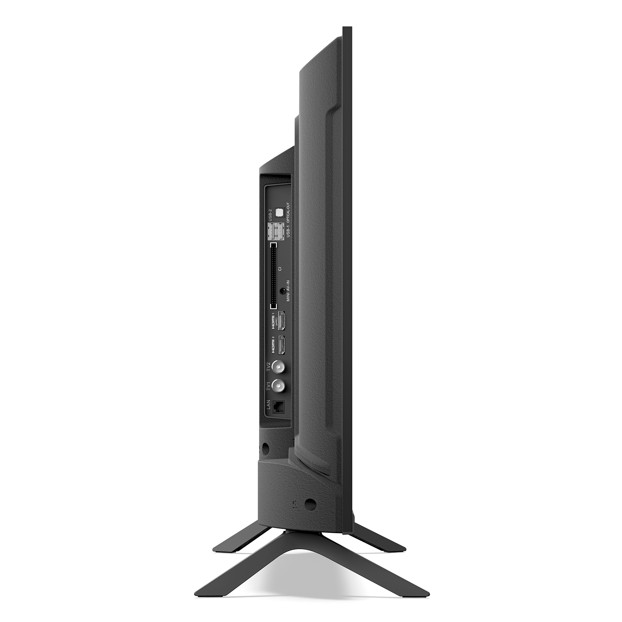 Seitenansicht eines schwarzen Fernsehers mit sichtbaren Anschlüssen und Ständern.