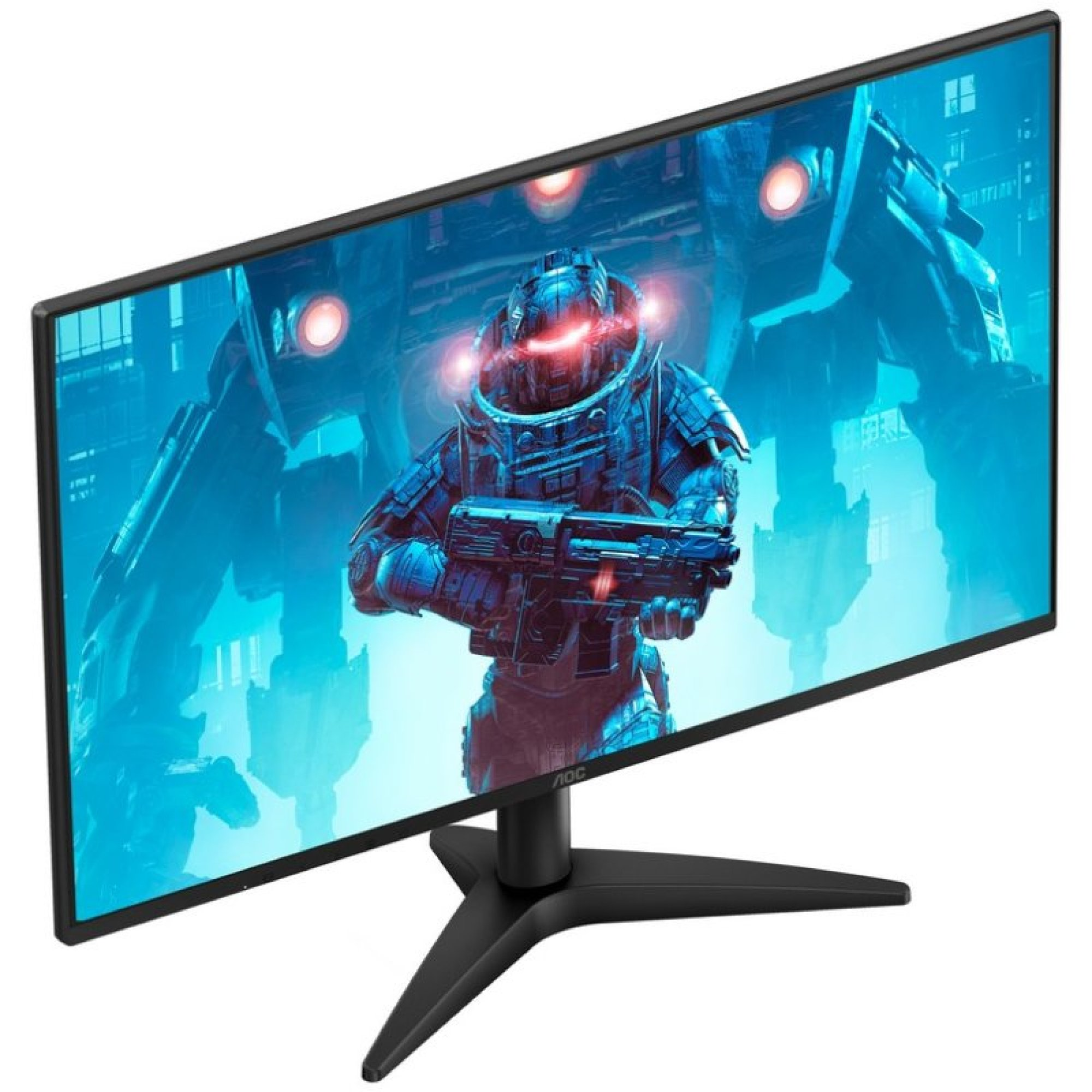 Un monitor gaming AOC curvo muestra una escena de ciencia ficción con un robot y luces rojas brillantes.