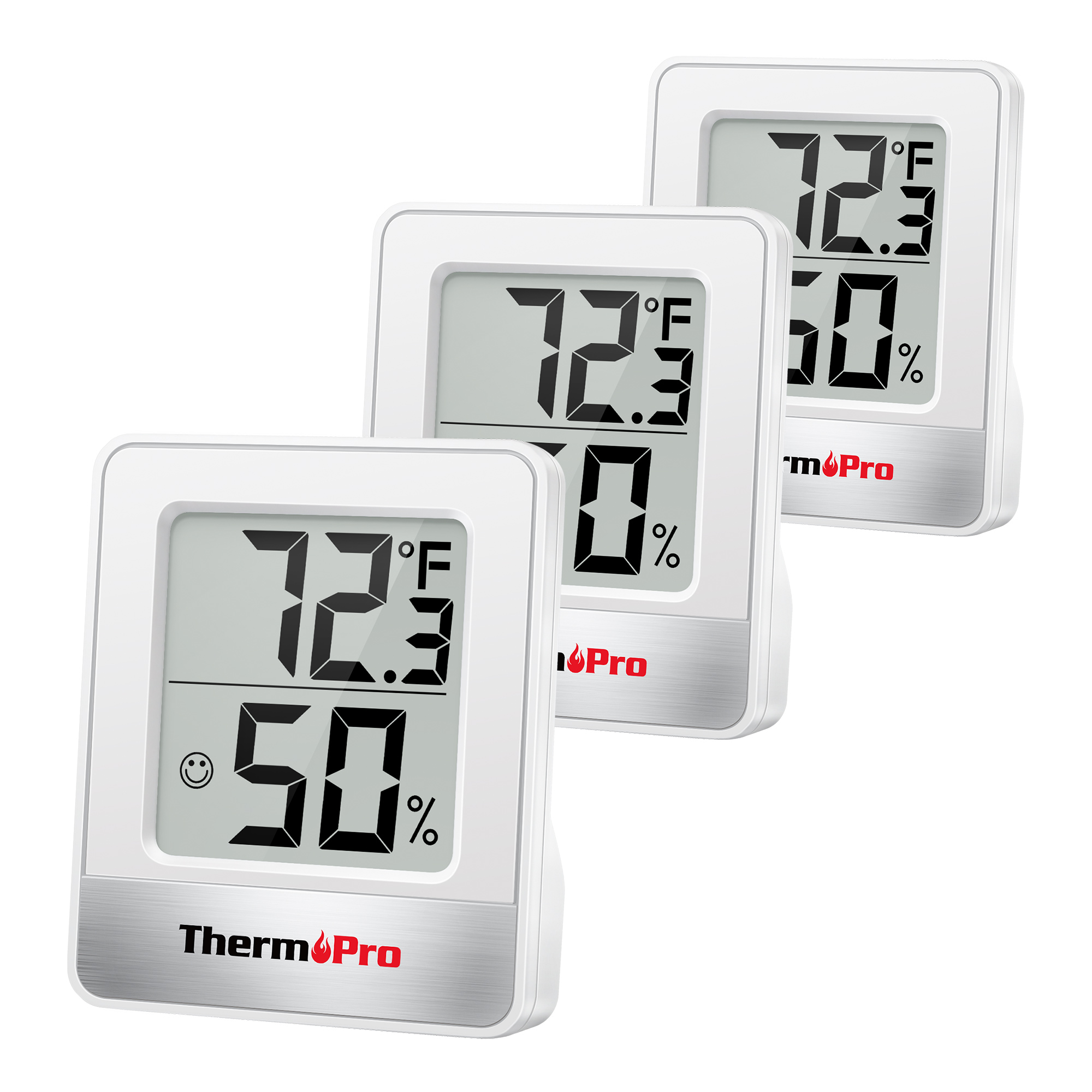 Drei weiße ThermPro-Thermo-Hygrometer mit digitaler Anzeige von 72,3 °F und 50 % Luftfeuchtigkeit.