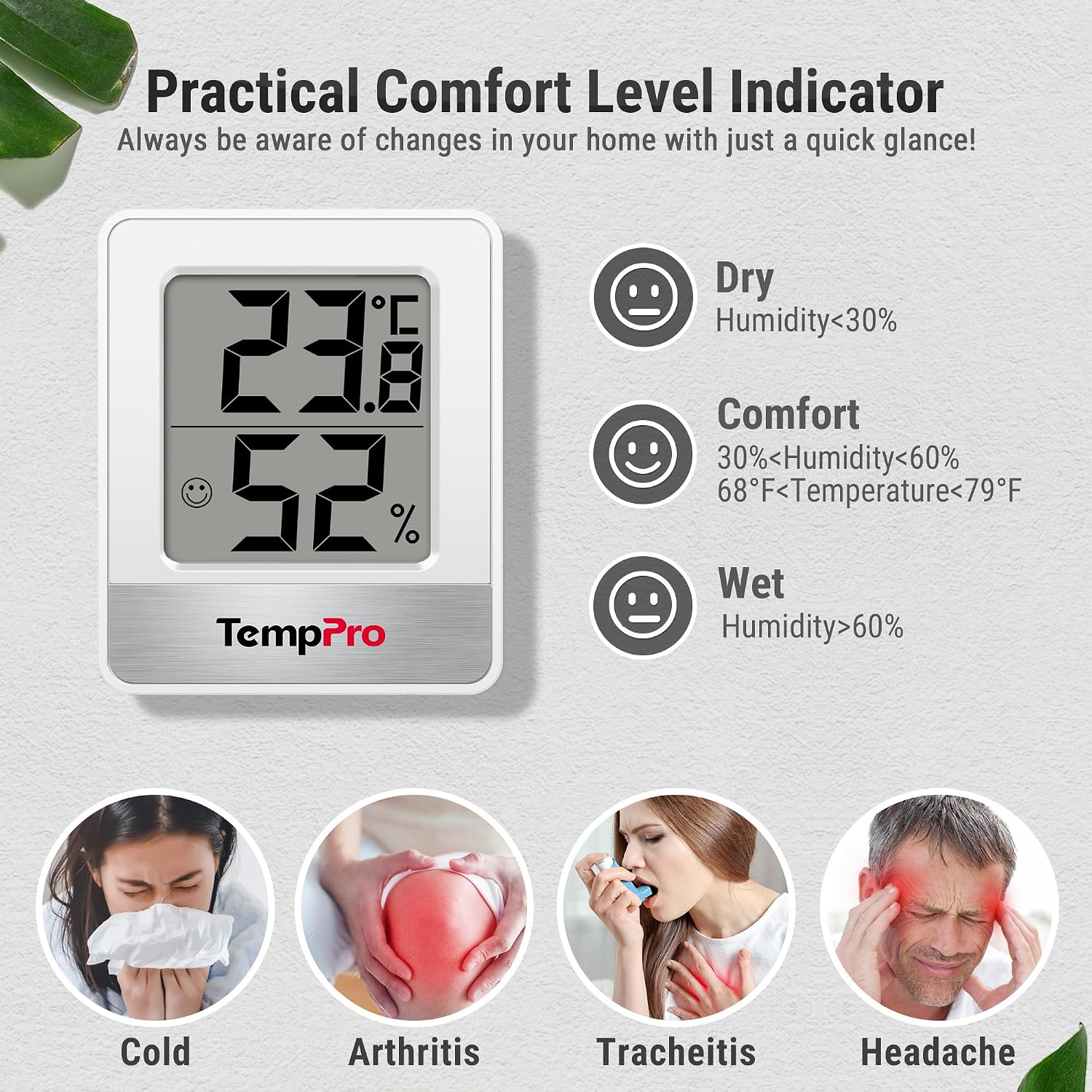 Digitale Anzeige für Temperatur und Luftfeuchtigkeit mit Symbolen und Gesundheitssymptomen.