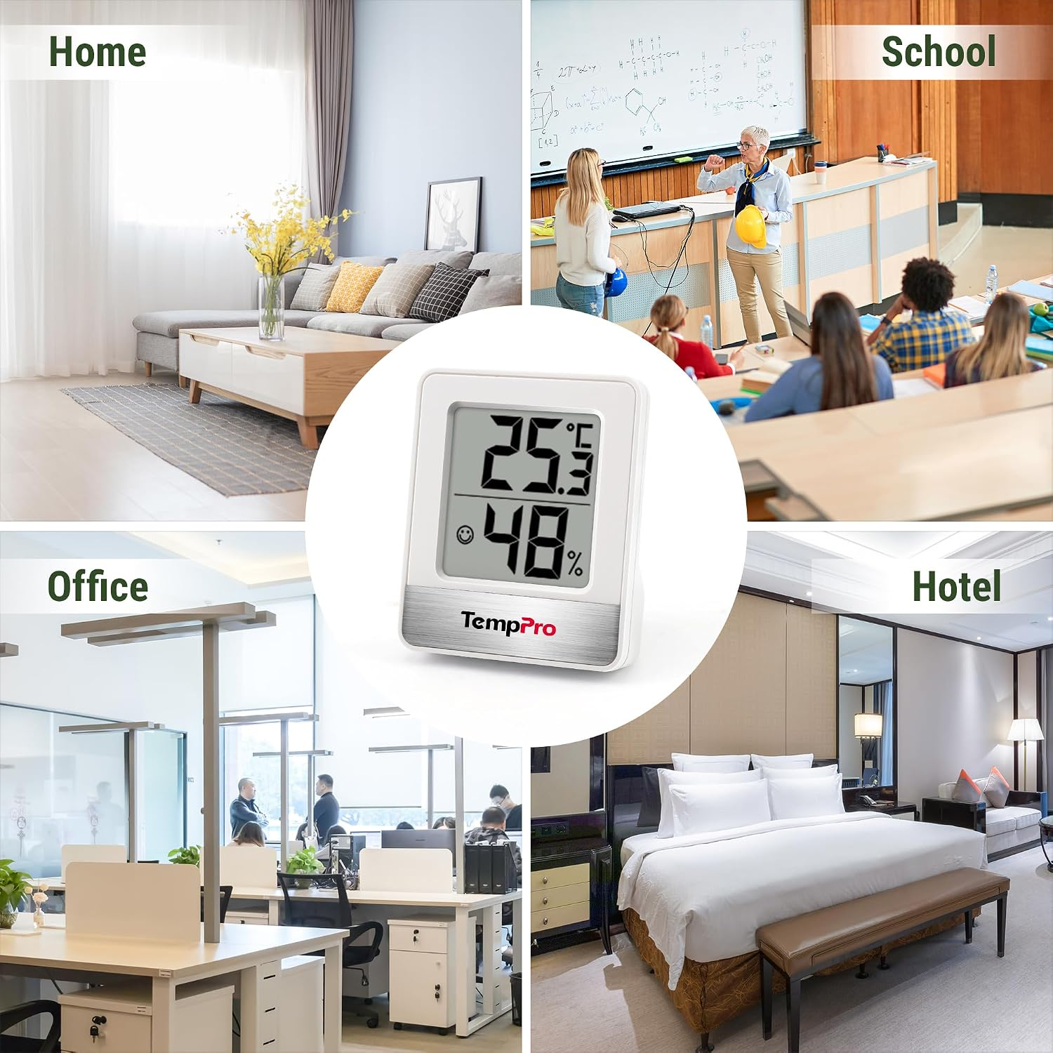 Ein weißes digitales Thermometer zeigt 25,3 Grad Celsius und 48% Luftfeuchtigkeit, umgeben von Wohn-, Schul-, Büro- und Hotelszenen.