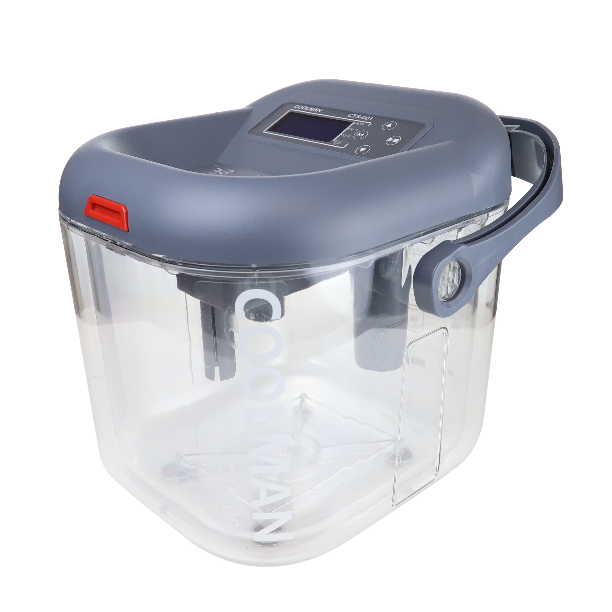Grijze Coolman CTS-01 sous-vide koker met een transparante container en digitaal bedieningspaneel op witte achtergrond.