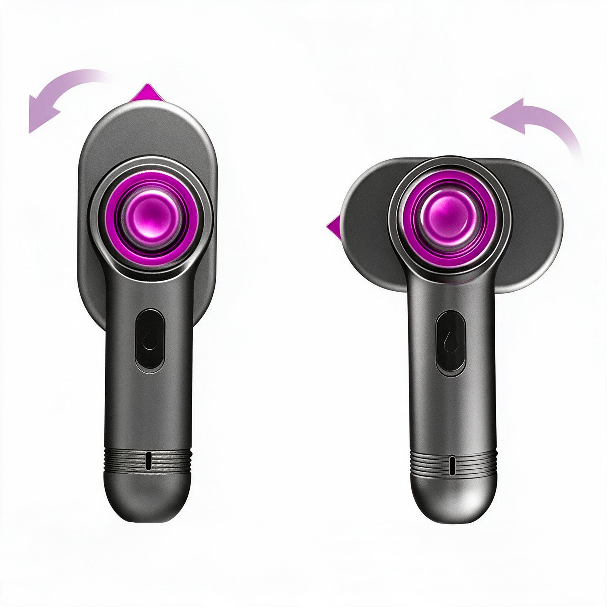 Dispositivo gris con parte superior circular morada y flechas de movimiento.