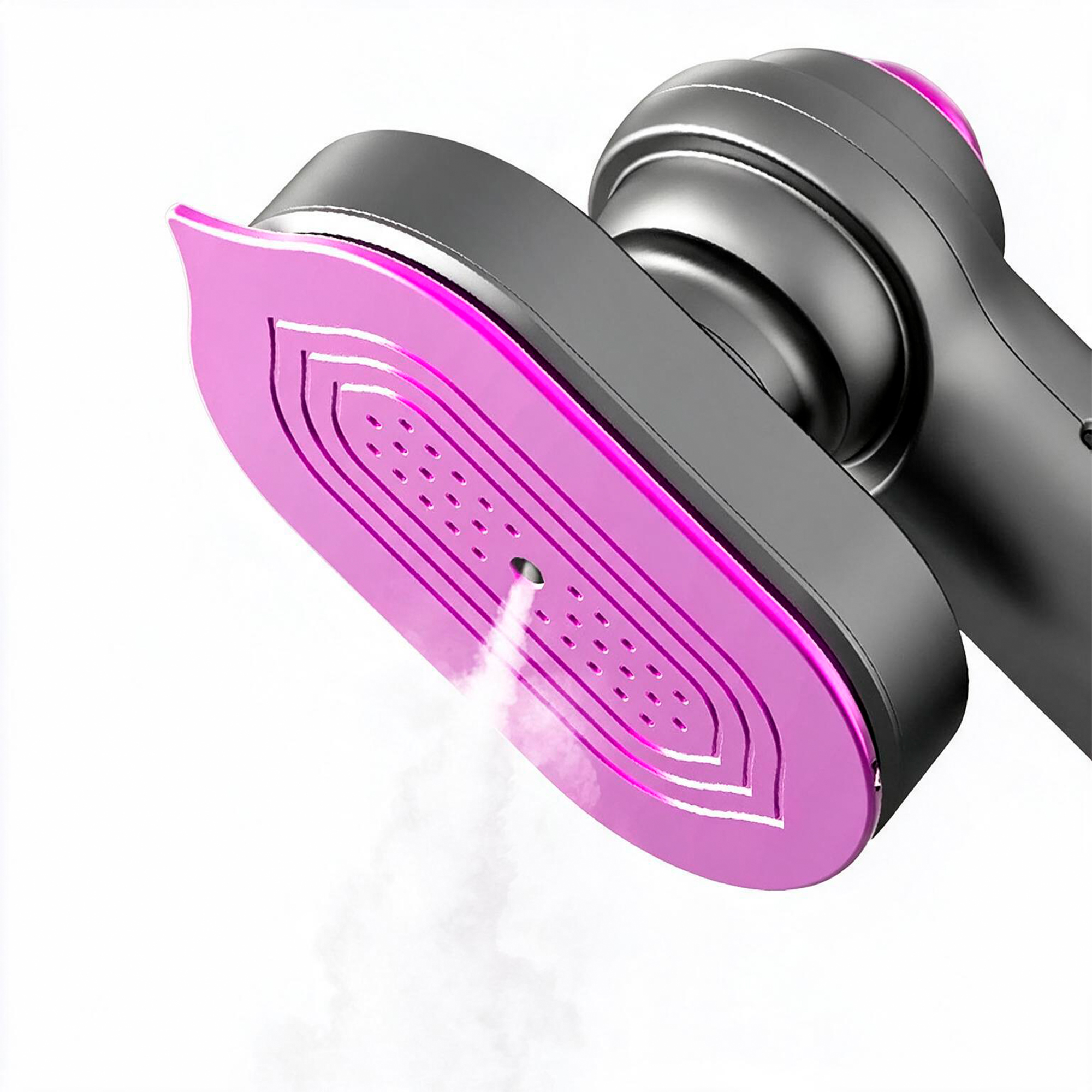 Un vaporizador de ropa manual gris con suela rosa emite vapor.