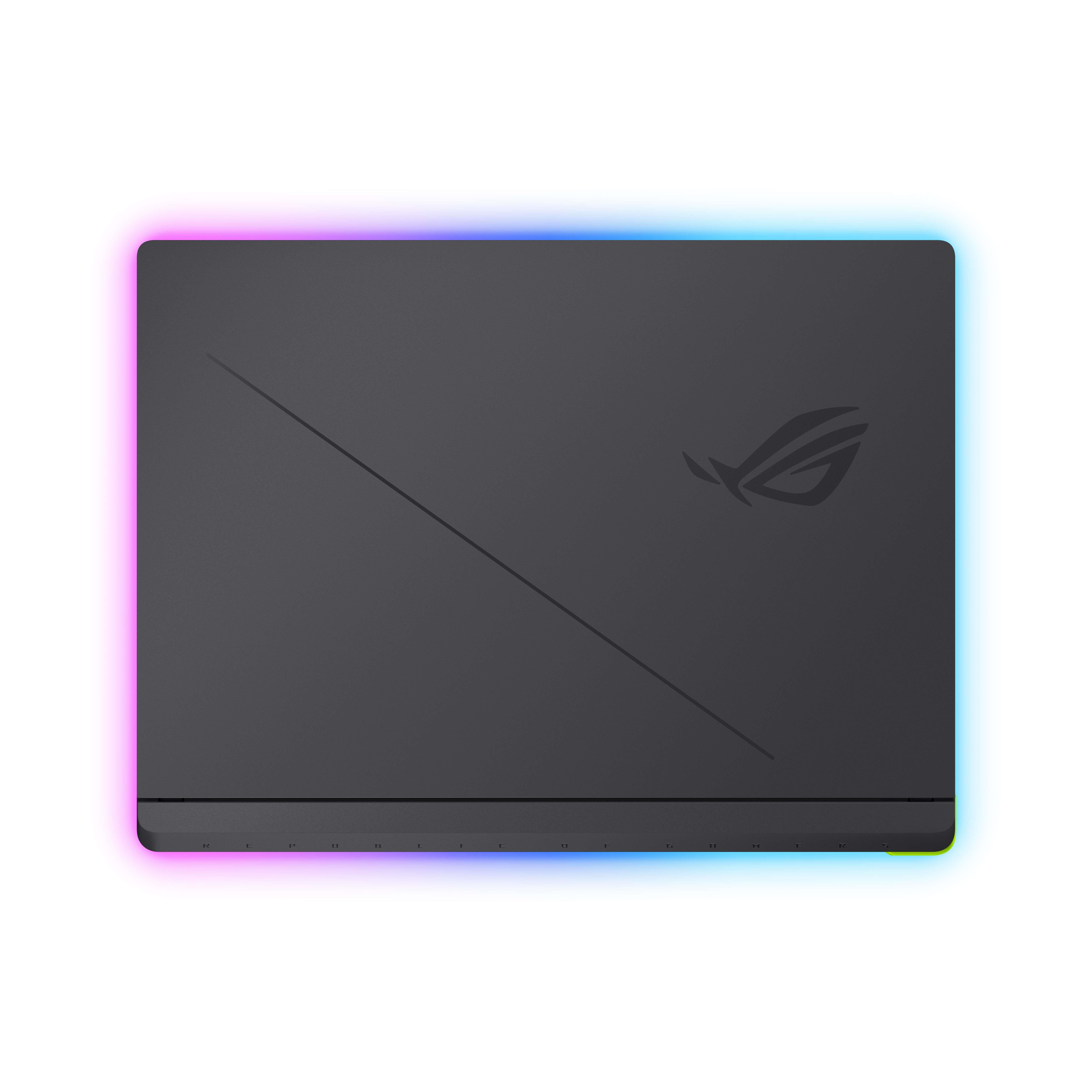 Beyaz arka planda ROG logolu ve altında renkli RGB aydınlatmalı gri bir oyun dizüstü bilgisayarı.
