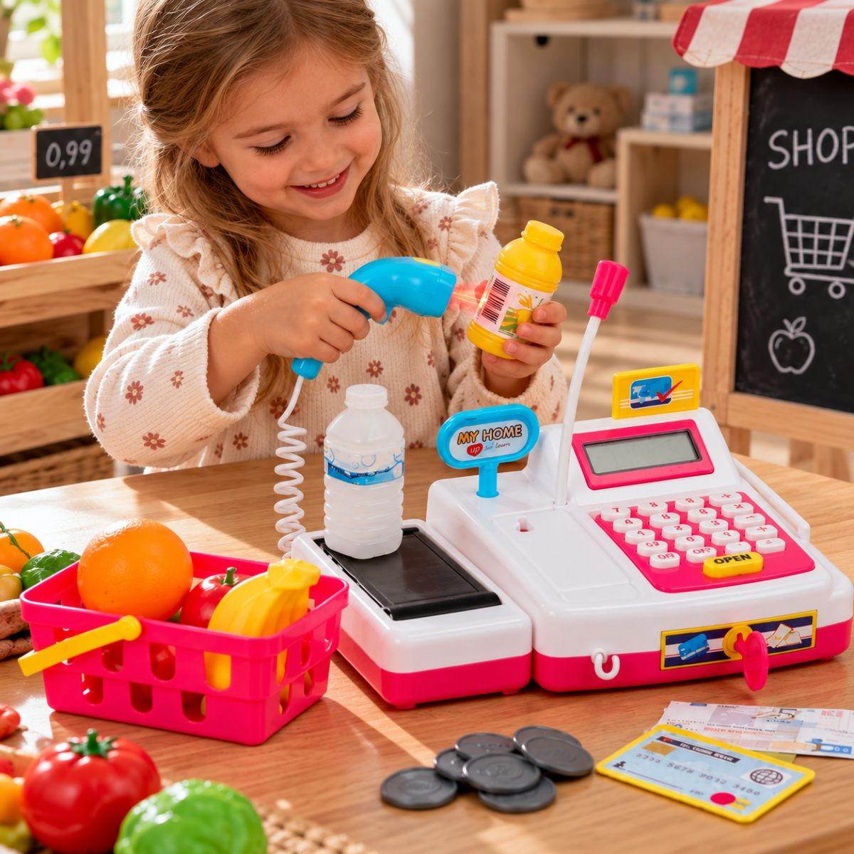 A smiling young girl plays cashier, scanning a toy bottle with a scanner next to a pink toy cash register and basket.