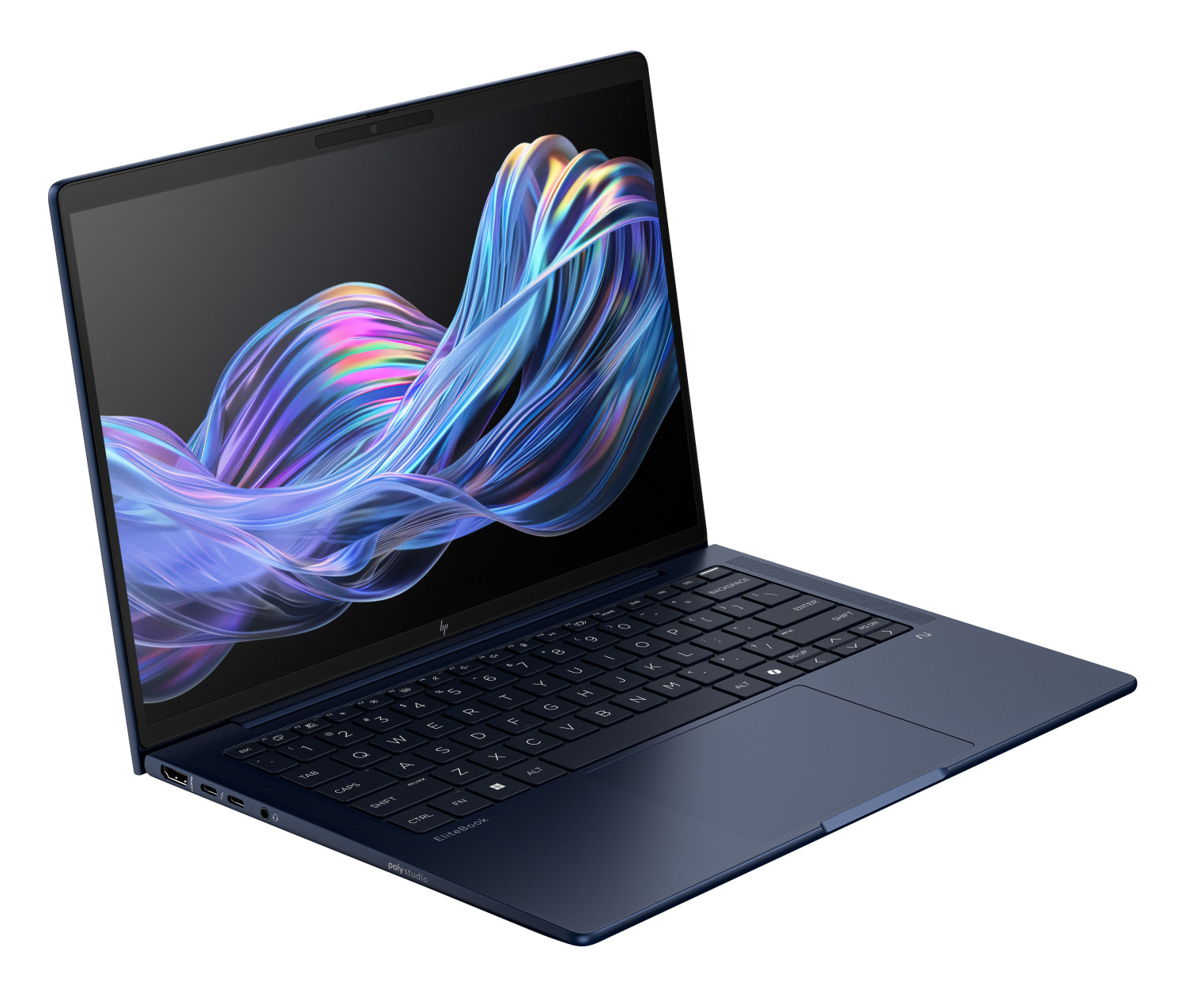 Un computer portatile blu scuro con schermo aperto mostra una grafica colorata e vorticosa su sfondo nero.