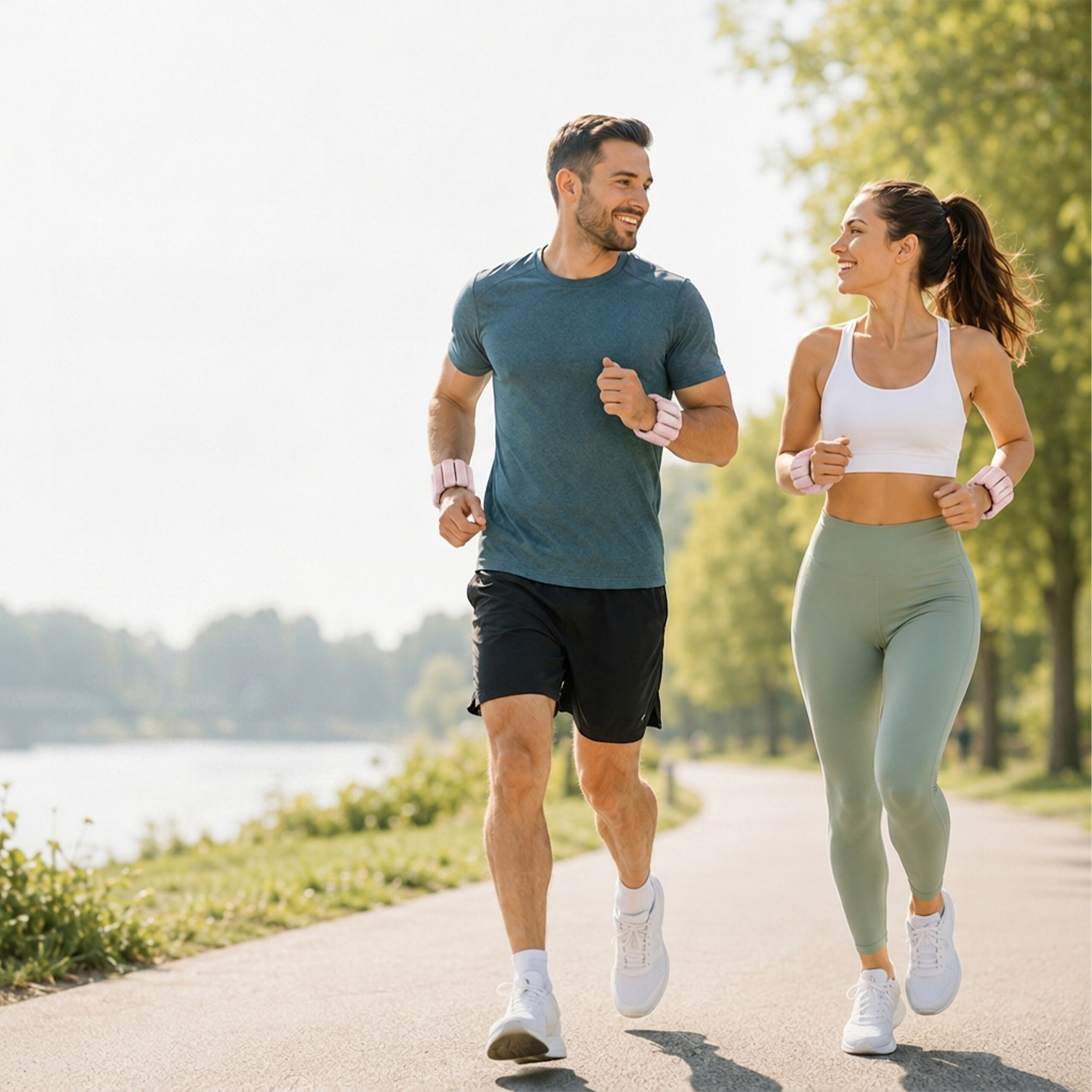 Ein Mann und eine Frau in Sportkleidung joggen auf einem asphaltierten Weg im Freien.