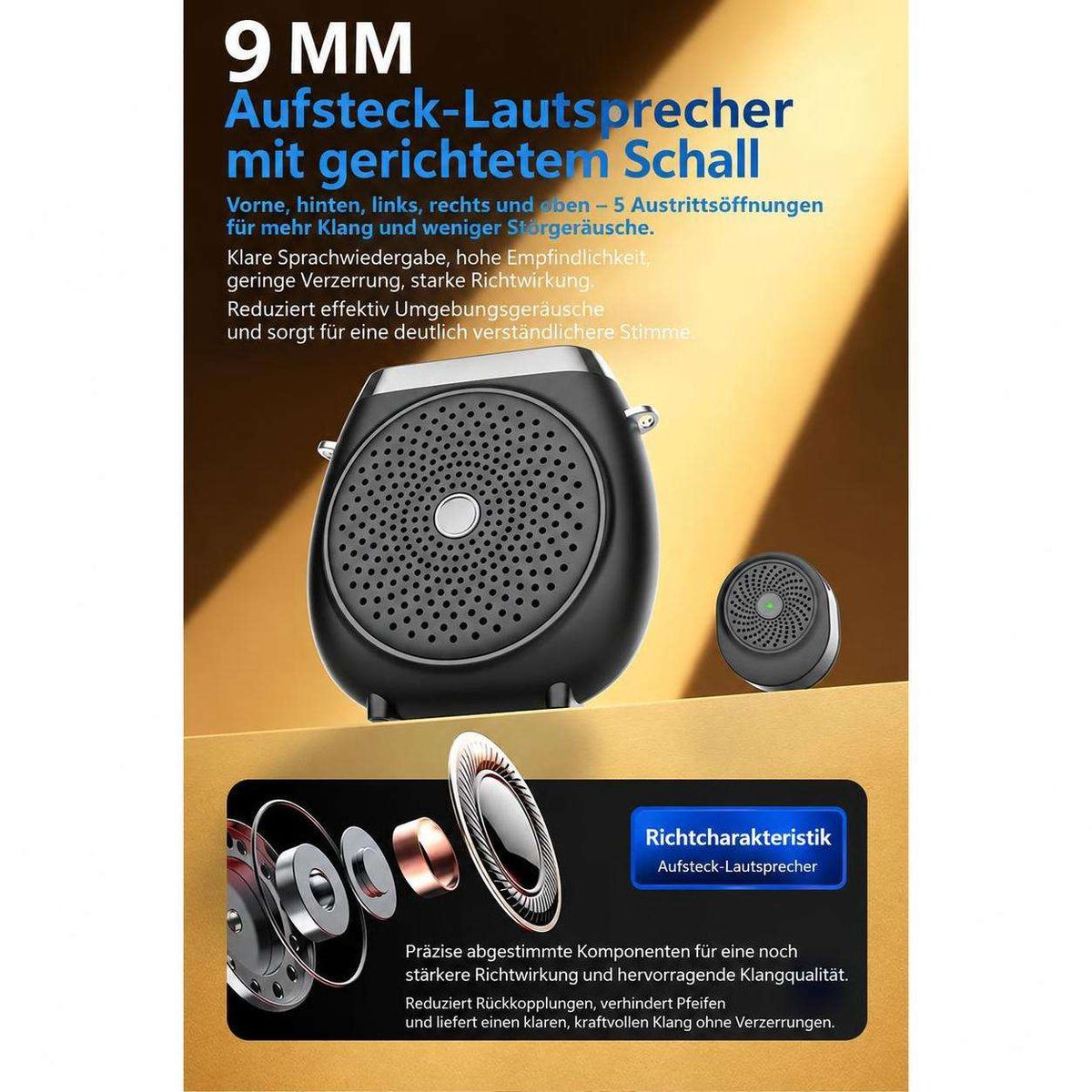 Produktwerbung für einen 9mm Aufsteck-Lautsprecher mit gerichtetem Schall und technischer Beschreibung.