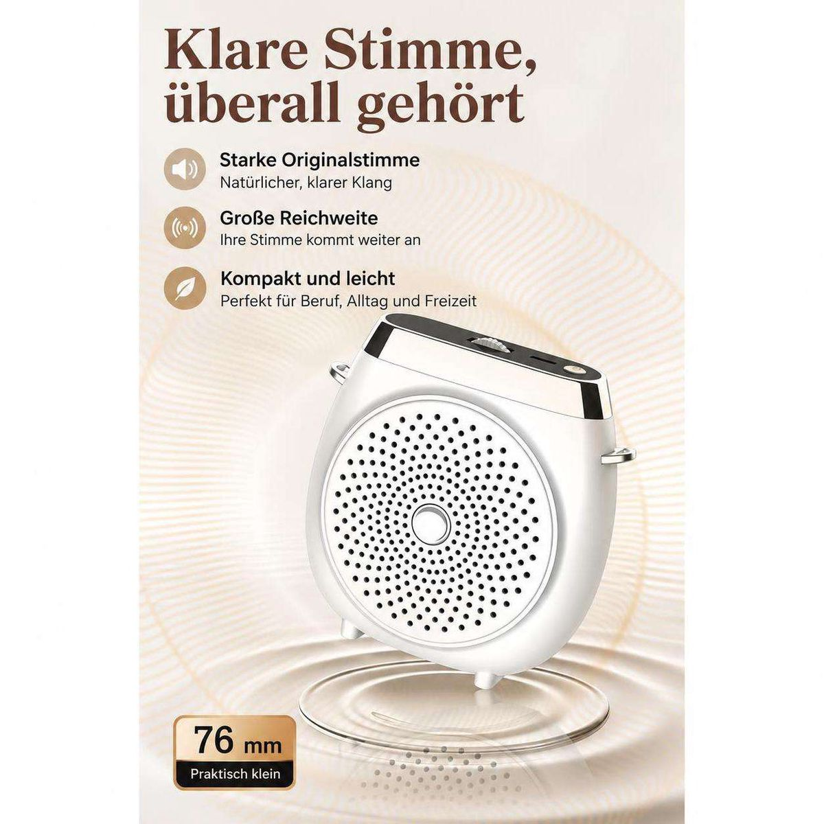 Werbebild für einen weißen, kompakten Sprachverstärker mit deutschen Texten und Symbolen.