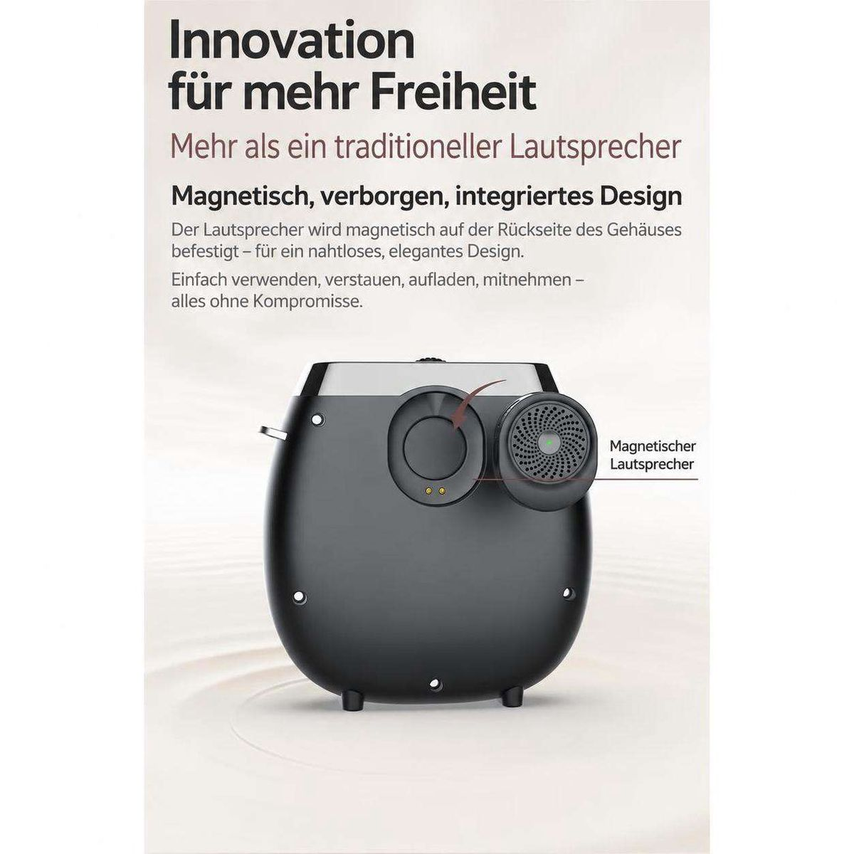 Produktwerbung mit Text und einem schwarzen Gerät mit einem magnetischen Lautsprecher auf der Rückseite.