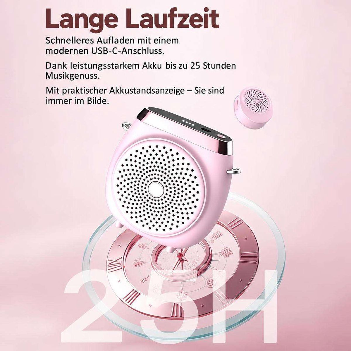Rosa tragbarer Lautsprecher mit USB-C, Akkuanzeige und Uhr-Hintergrund.