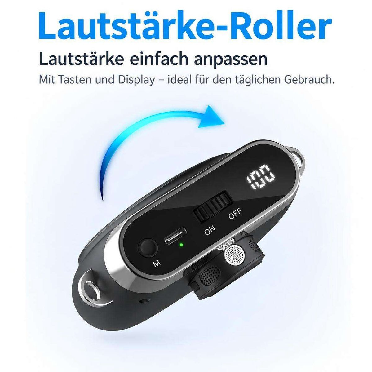 Ein schwarzes Audiogerät mit Digitaldisplay, On/Off-Schalter, M-Taste und USB-Anschluss vor weißem Hintergrund.