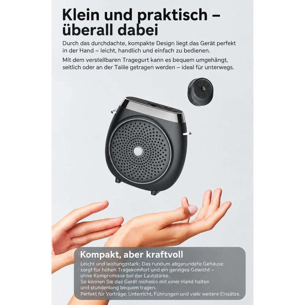 Ein kompaktes, schwarzes Sprachverstärker-Gerät wird in Händen gehalten, mit Texten auf Deutsch oben und unten.