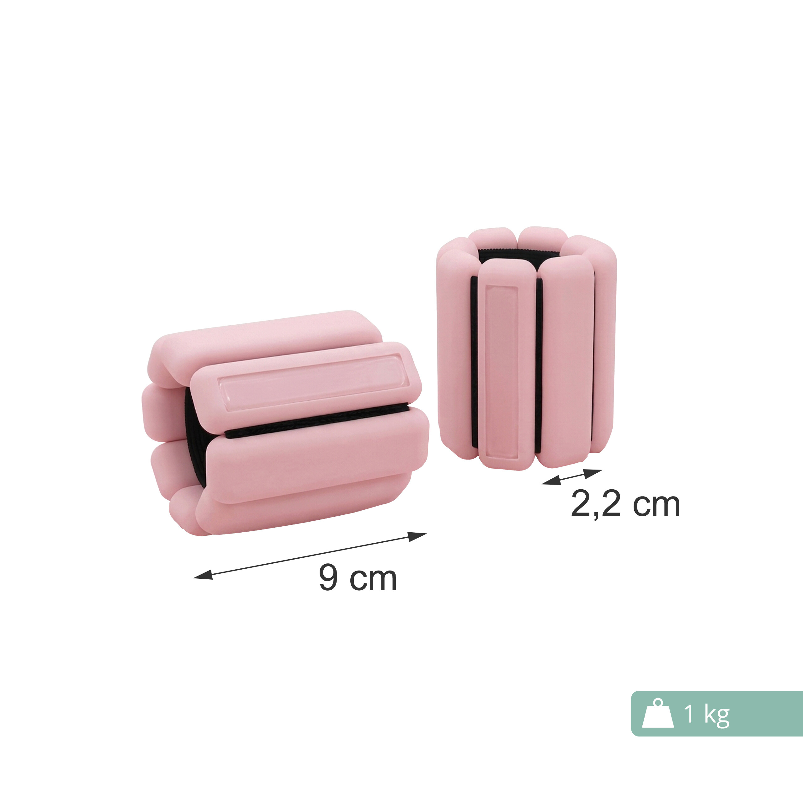 Zwei rosa Handgelenkgewichte, 1 kg, mit Maßangaben von 9 cm und 2,2 cm auf weißem Hintergrund.