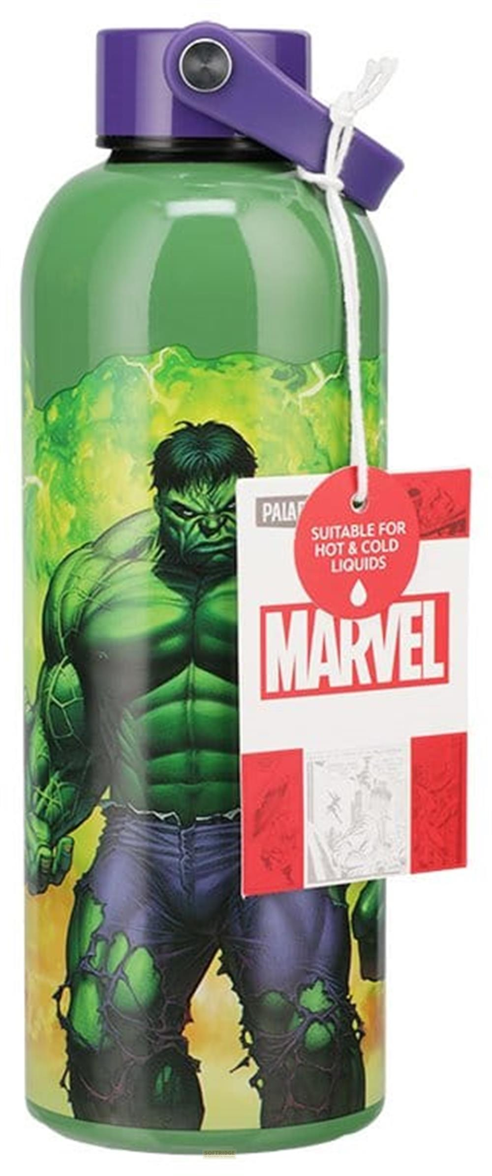 Botella de agua verde de Marvel Hulk con tapa morada y etiqueta roja.