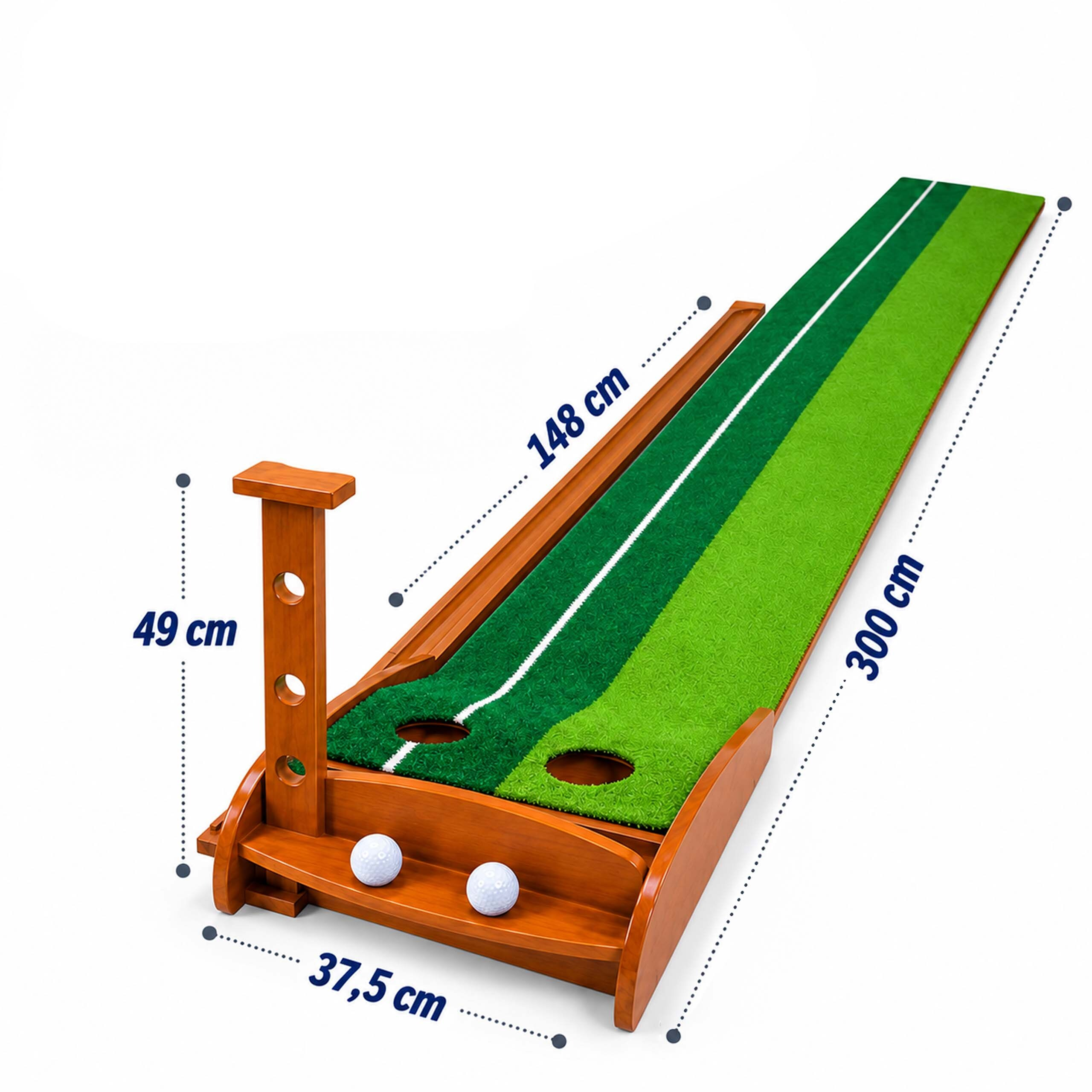 Holz-Golf-Putting-Matte mit grüner Oberfläche, zwei Löchern, Bällen und genauen Maßangaben.