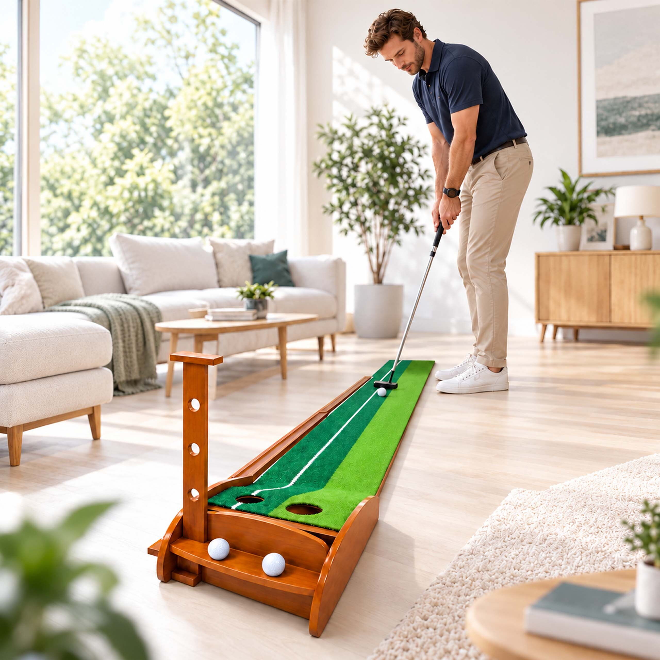 Ein Mann in einem dunkelblauen Polohemd übt das Putten auf einer grünen Indoor-Golfmatte in einem hellen Wohnzimmer.