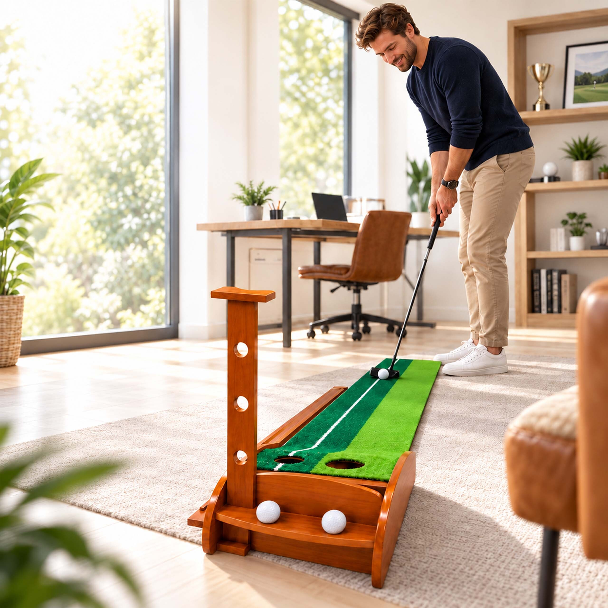 Ein lächelnder Mann beim Golf-Putten in einem hellen Wohnzimmer mit grüner Matte und Holz-Rücklauf.