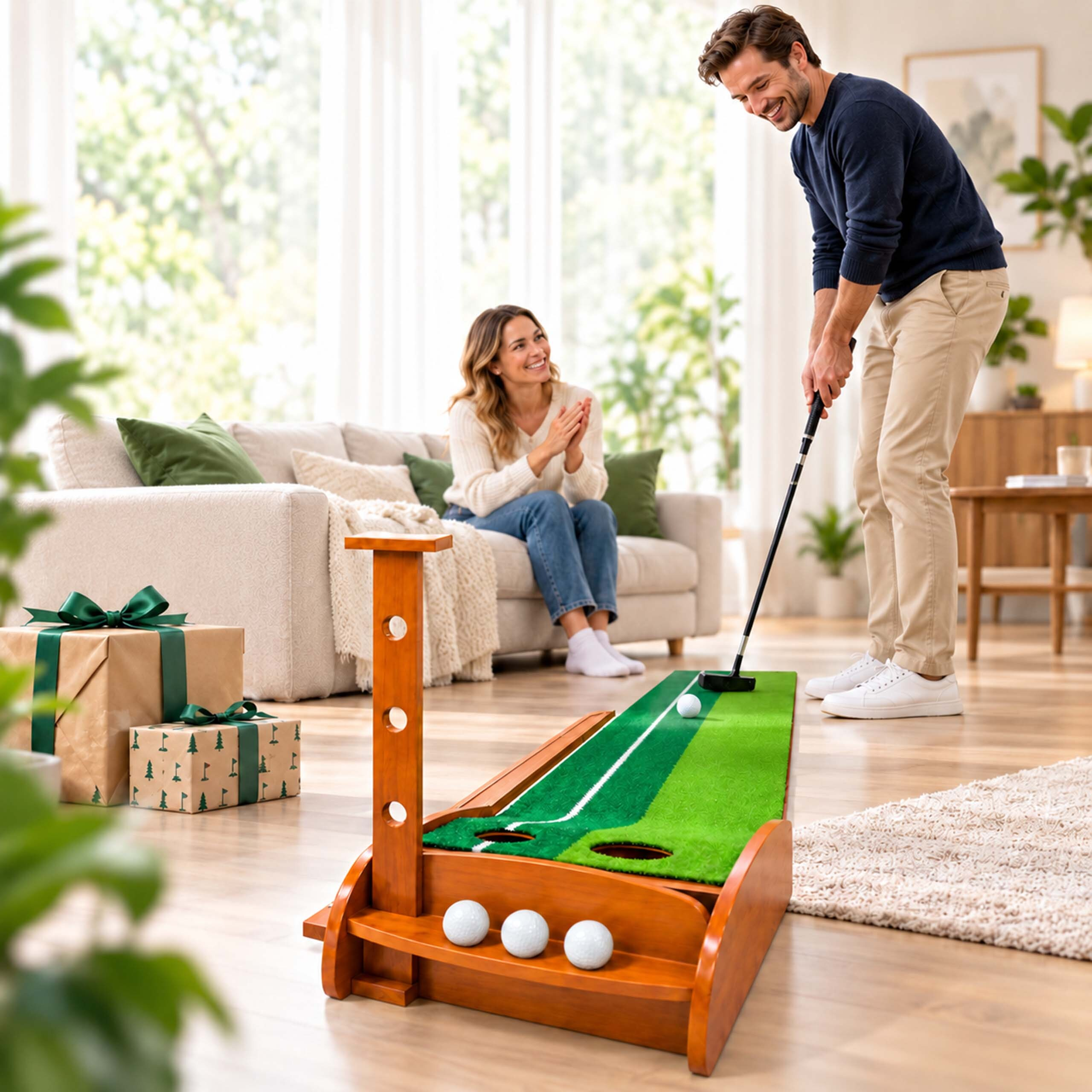 Ein Mann puttet in einem Wohnzimmer auf einer grünen Matte, während eine lächelnde Frau zusieht.
