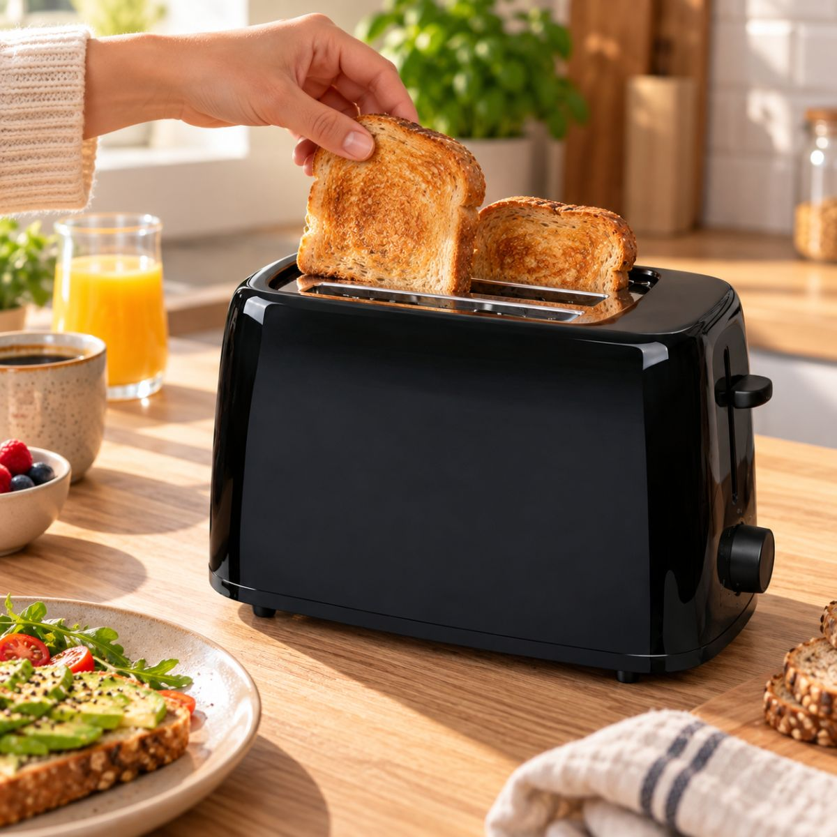 A hand takes golden-brown toast from a black toaster on a wooden kitchen counter.