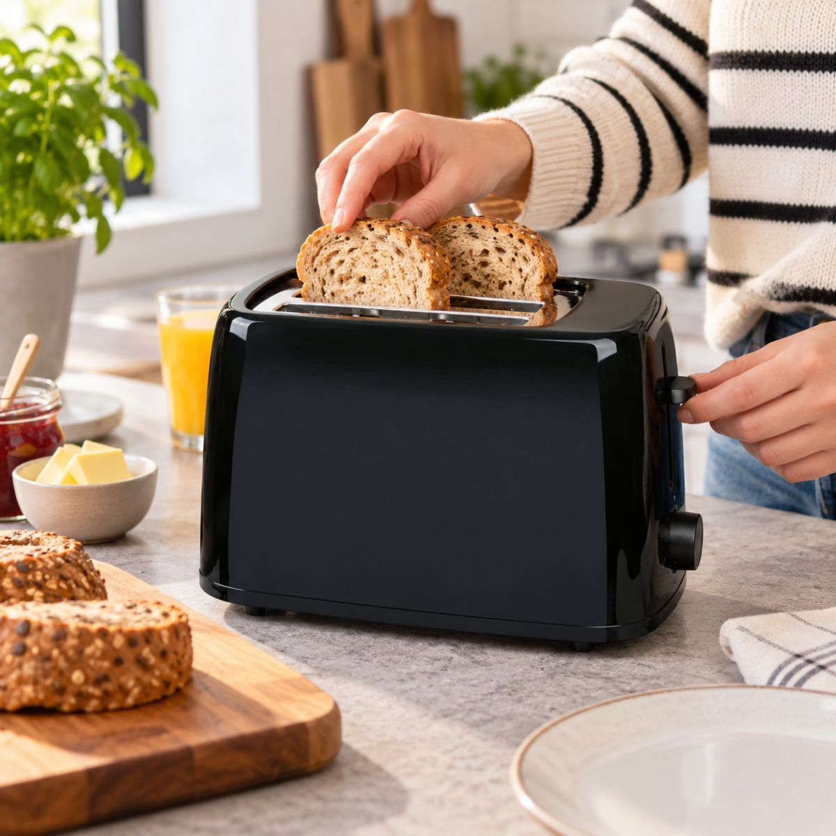 A person places slices of bread into a black toaster in a bright kitchen.