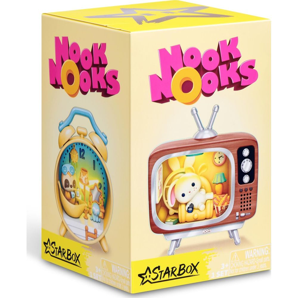 Una caja de juguetes amarilla Starbox muestra gráficos de un televisor retro y un despertador con personajes.