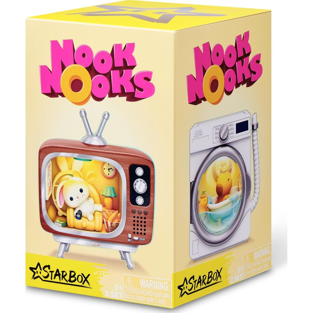 Empaque amarillo de Starbox con un televisor retro de juguete con un conejo y una lavadora.