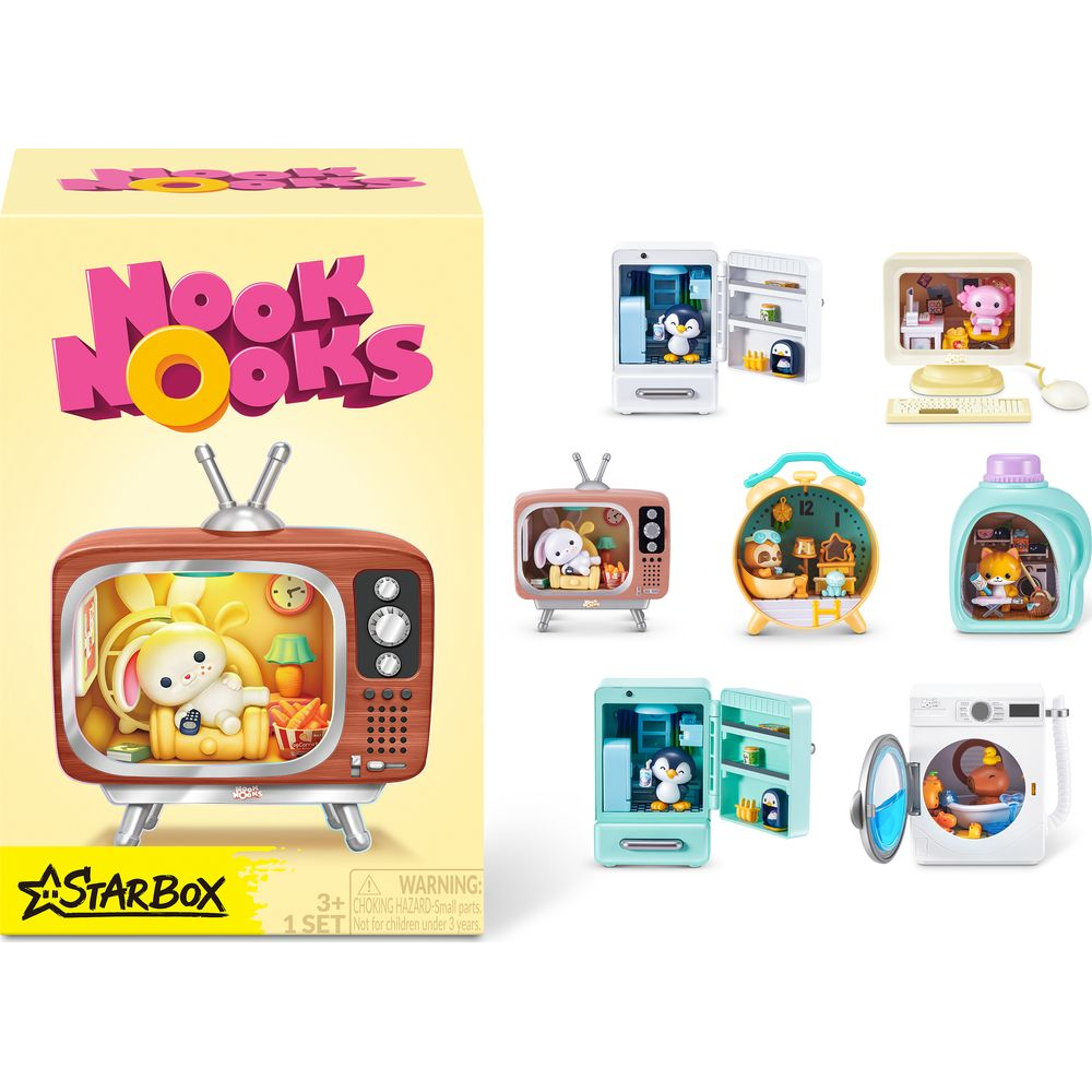 Caja de juguetes Nook Nooks con adorables figuras de animales en objetos como televisor y refrigerador.