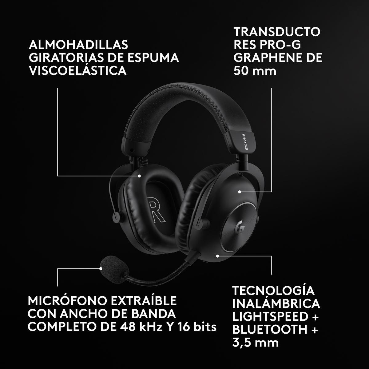 Auriculares gaming negros con etiquetas detalladas destacando sus características y componentes sobre fondo oscuro.