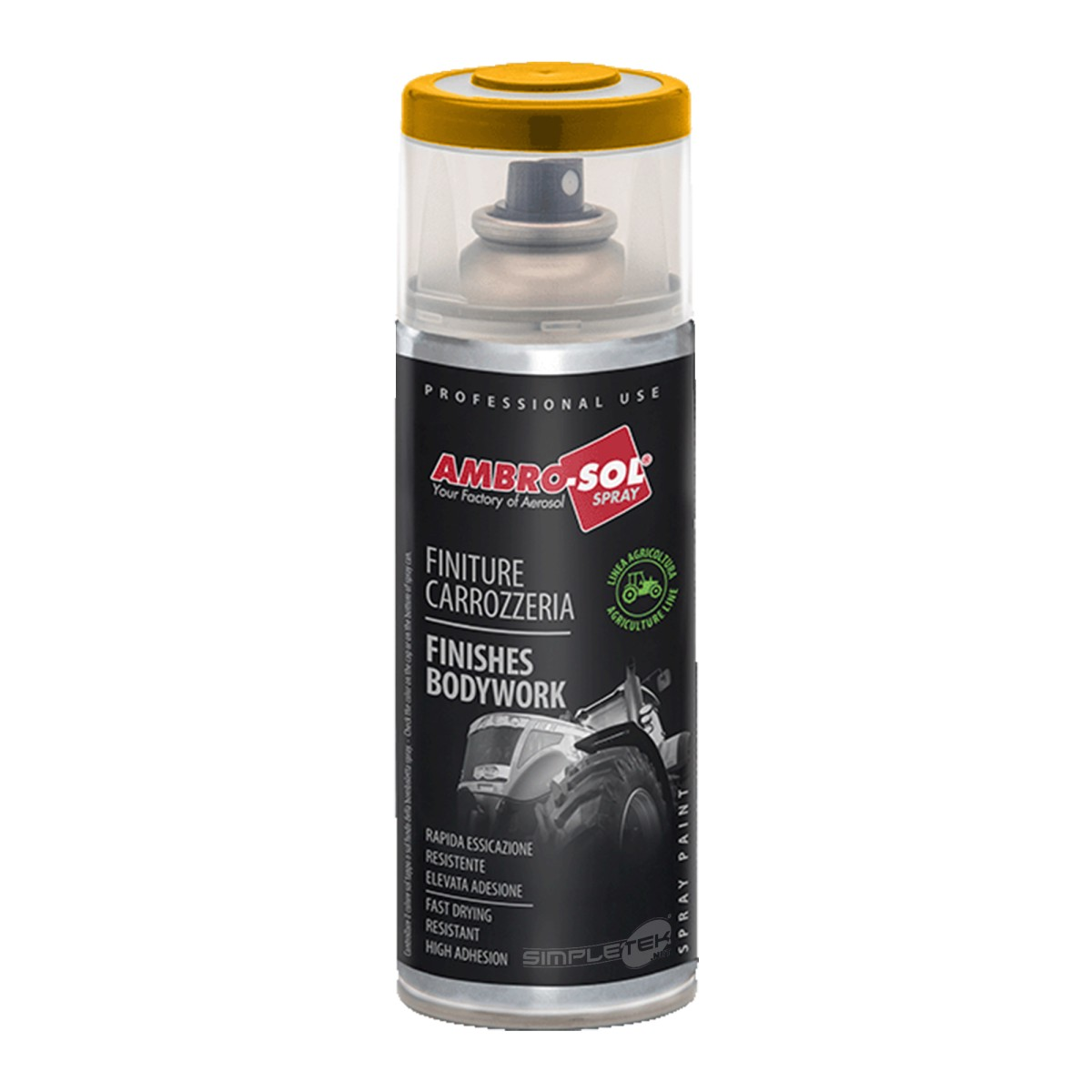 Bomboletta spray per carrozzeria Ambro-Sol con tappo giallo e illustrazione di trattore.