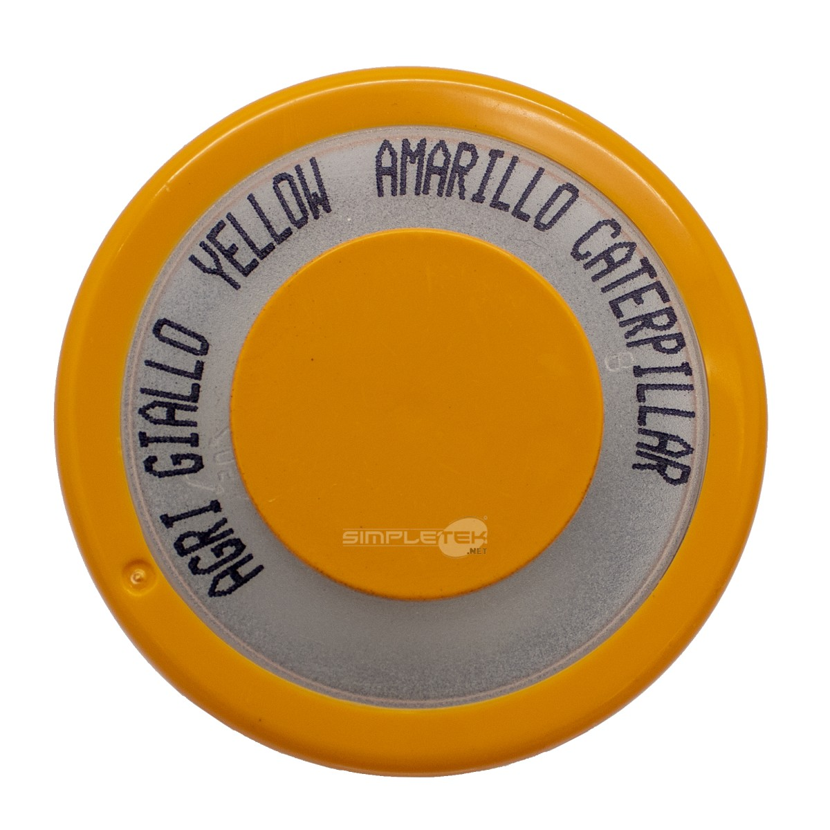 Tappo rotondo giallo con anello argentato e testo nero.