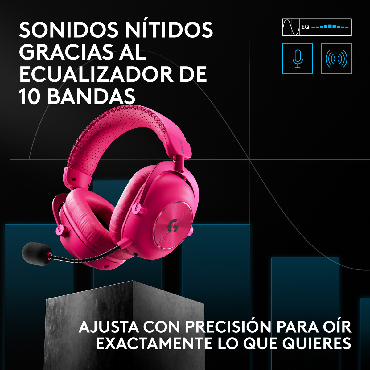 Auriculares inalámbricos para juegos de color rosa con micrófono sobre fondo oscuro con texto.