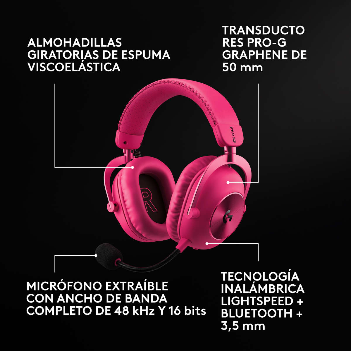 Auriculares gaming rosas sobre fondo negro con líneas indicadoras que señalan características como micrófono y almohadillas.