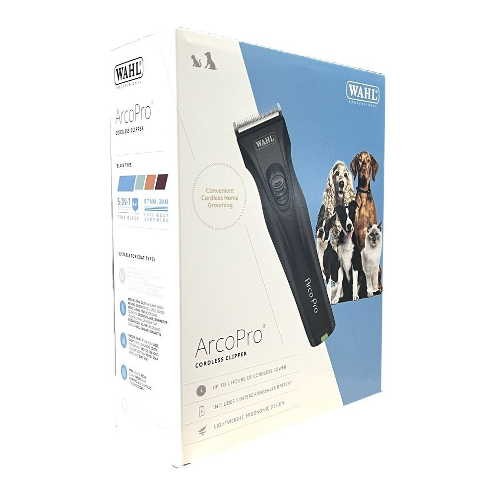 Wahl Arco Pro Haarschneidemaschine in weißer und blauer Verpackung mit Bildern von Hunden und Katzen.