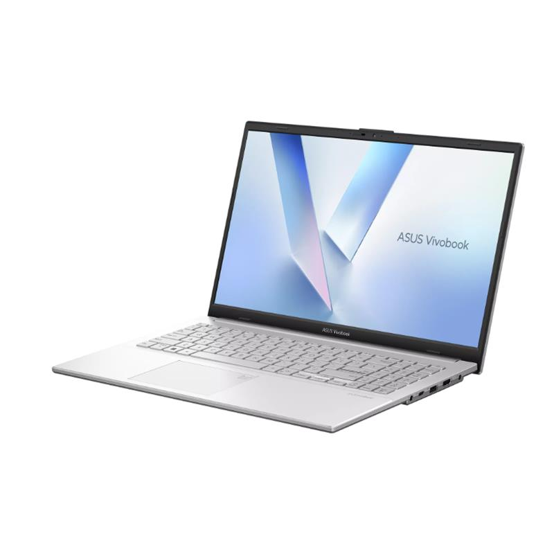 Beyaz arka planda açık gümüş rengi ASUS Vivobook dizüstü bilgisayar, klavyesi ve mavi duvar kağıtlı ekranıyla.