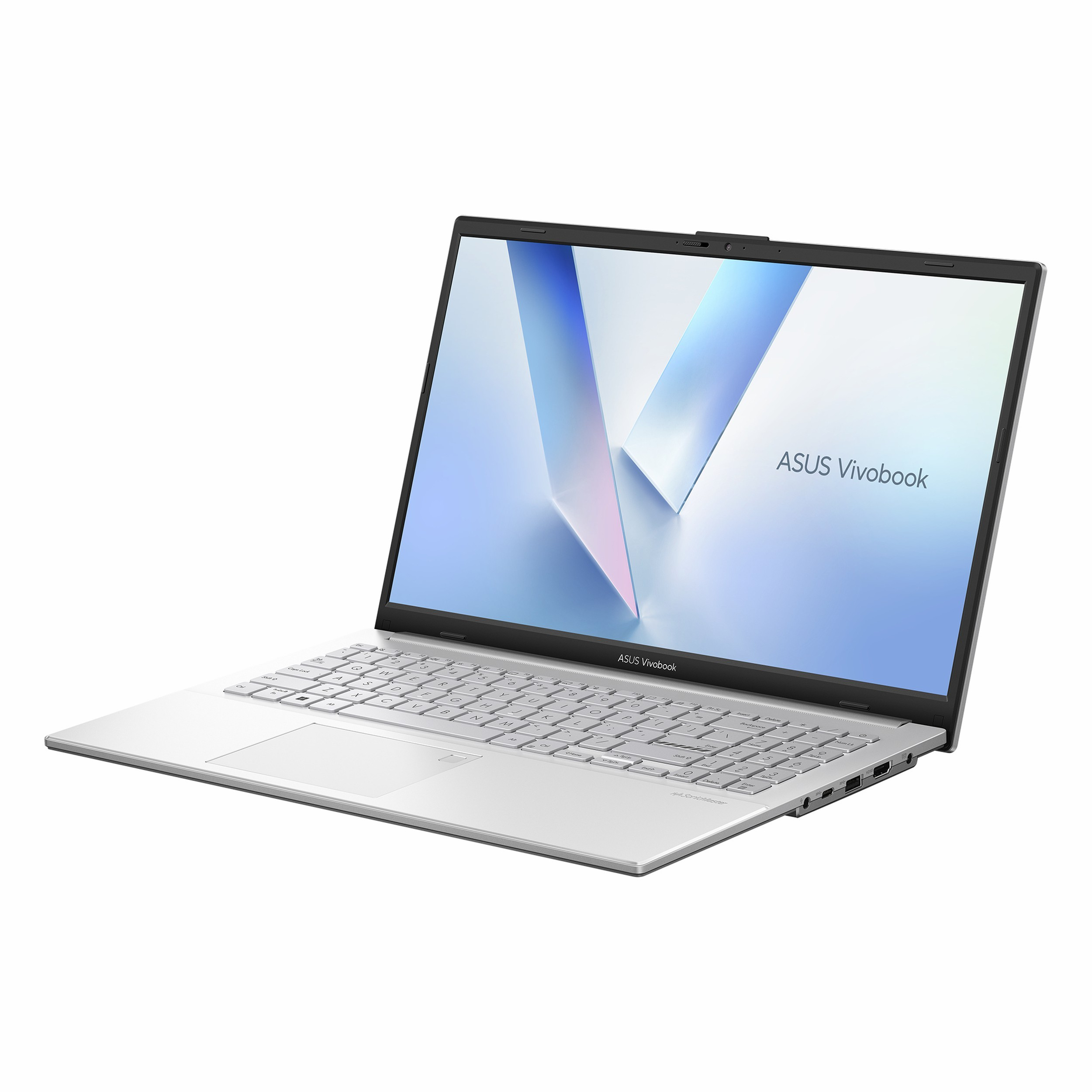 Ekranında mavi soyut arka plan olan, açık gümüş rengi ASUS Vivobook dizüstü bilgisayar.